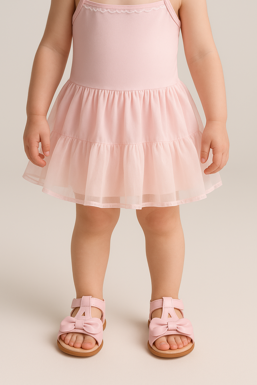 Little Girls’ T-Bar Sandal Shoes with Bow - MATILDA - Pink Model Picture