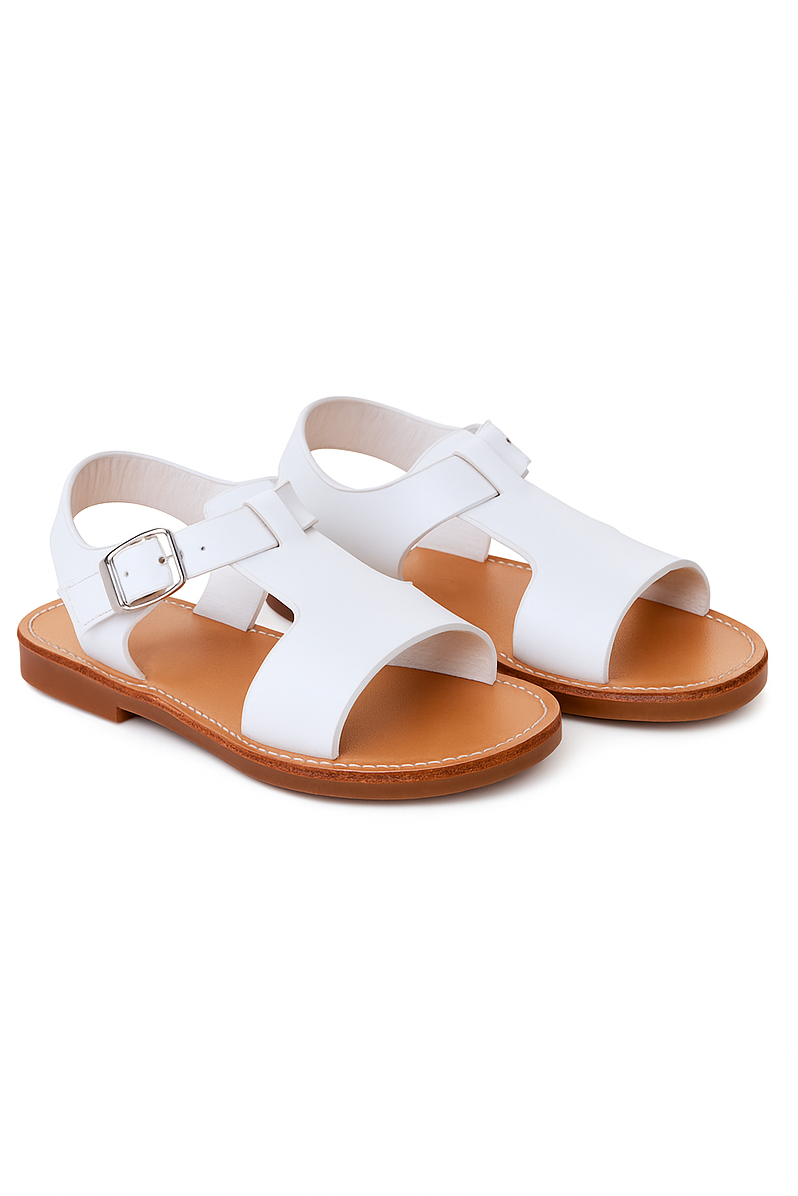 Little Girls’ T-Bar Sandal Shoes with Buckle Closure - WYATT - White Pair Side Picture