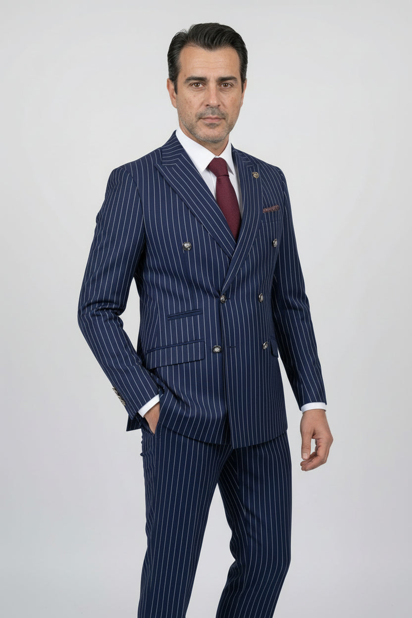 Men’s 2 Piece Double Breasted Pinstripe Suit - EVAN NAVY Side Picture