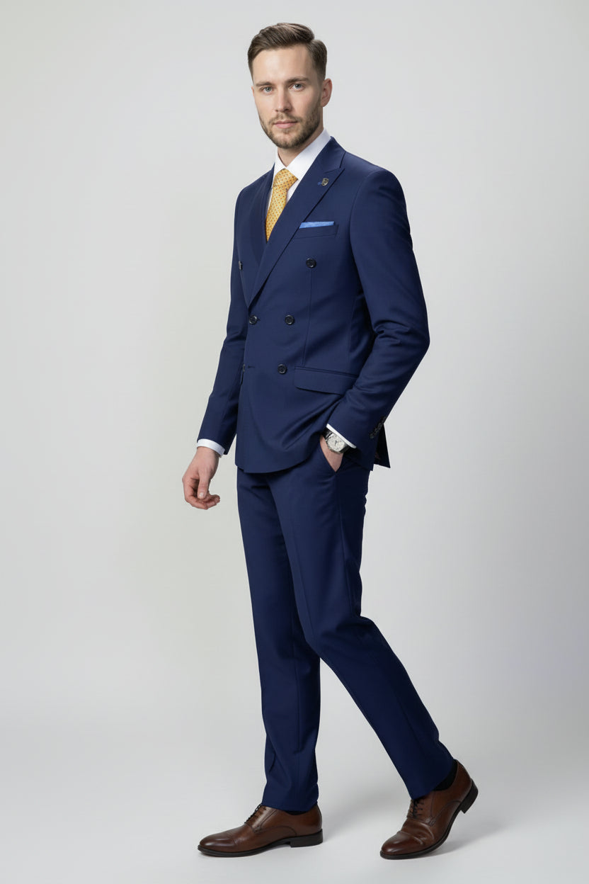 Men’s 2 Piece Slim Fit Double Breasted Suit - JOSE NAVY Model Side Picture