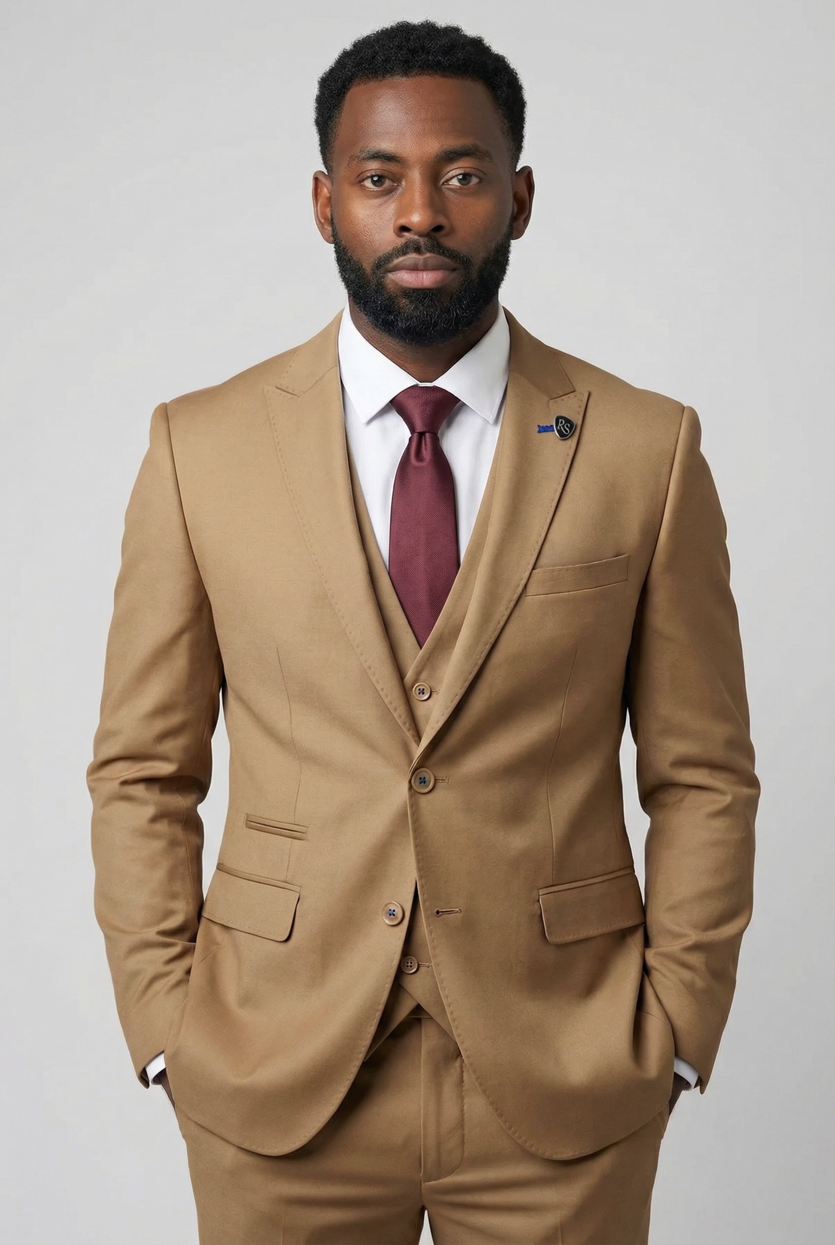 Traje formal de 3 piezas para hombre con chaleco cruzado - Jason - Mostaza