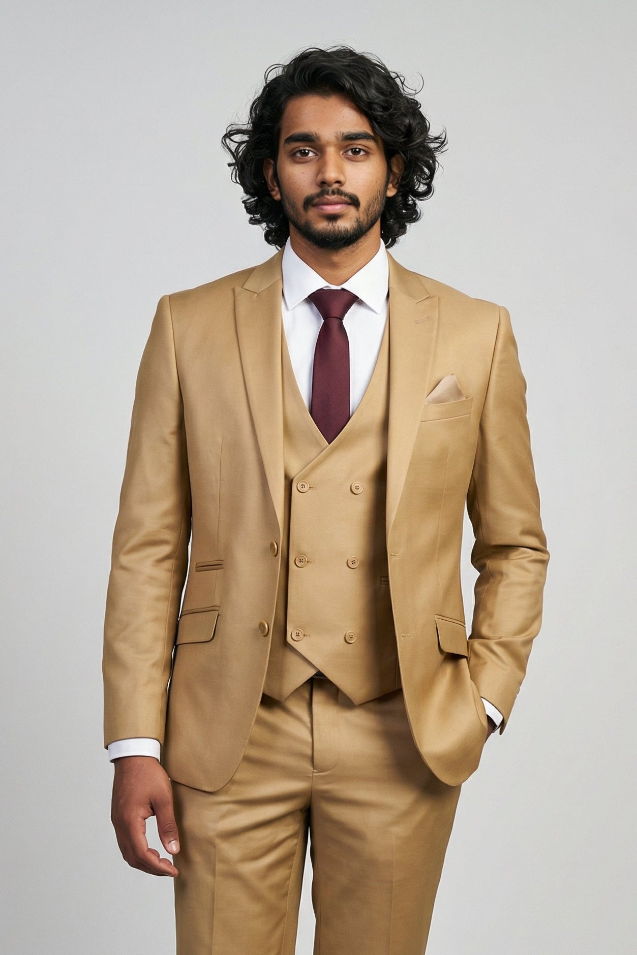 Men’s 3-Piece Formal Suit with Double Breasted Waistcoat - Jason - Mustard Main Picture