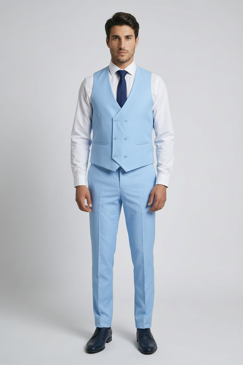 Men’s 3-Piece Formal Suit with Double Breasted Waistcoat - Karter - Pale Blue Waistcoat Front Picture