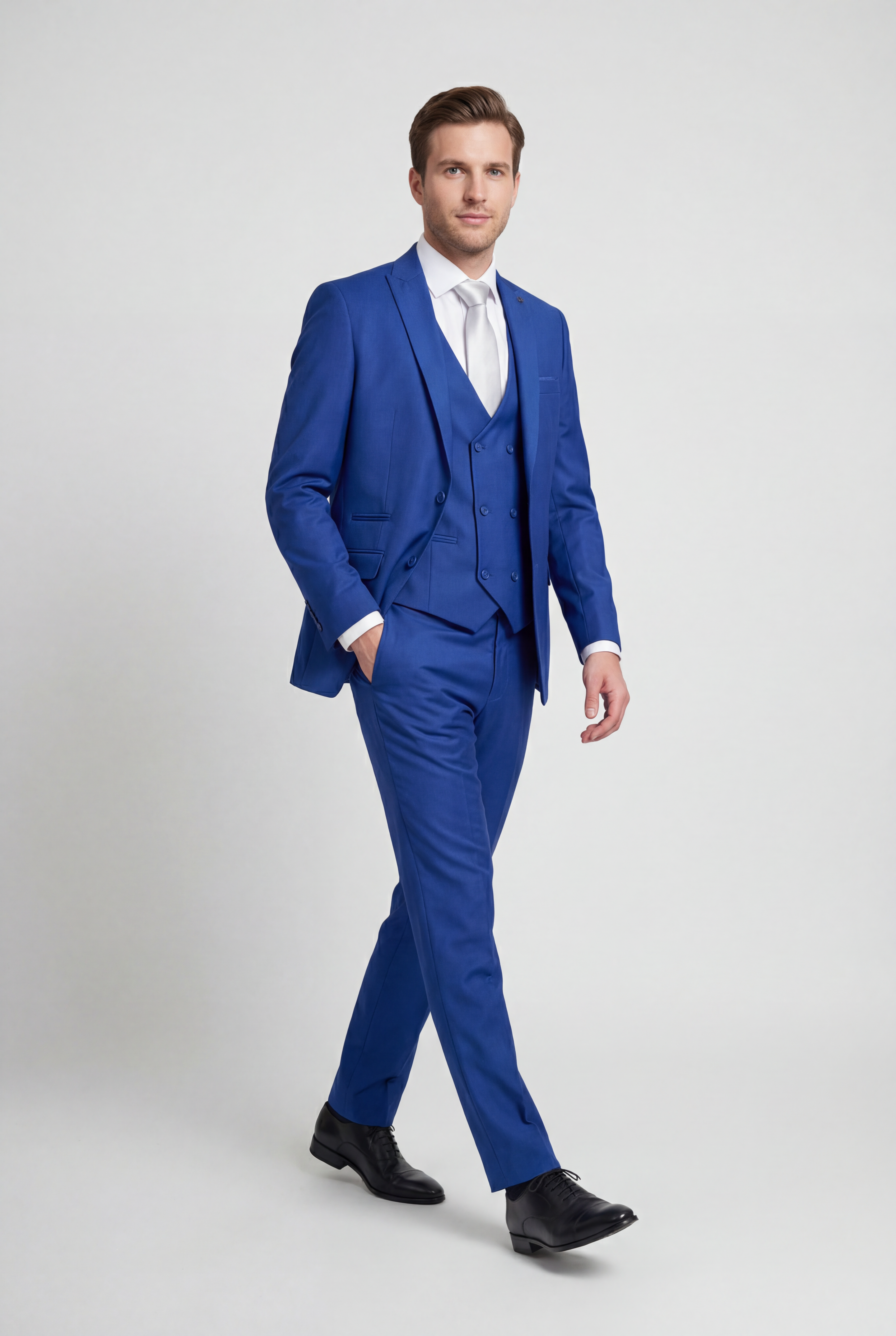 Traje formal de 3 piezas para hombre con chaleco cruzado - Roman - Azul