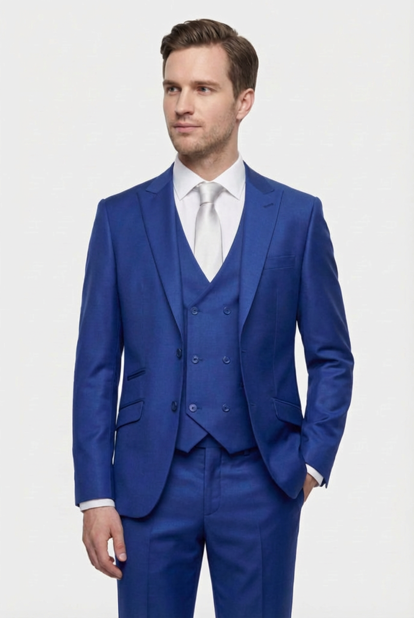 Traje formal de 3 piezas para hombre con chaleco cruzado - Roman - Azul
