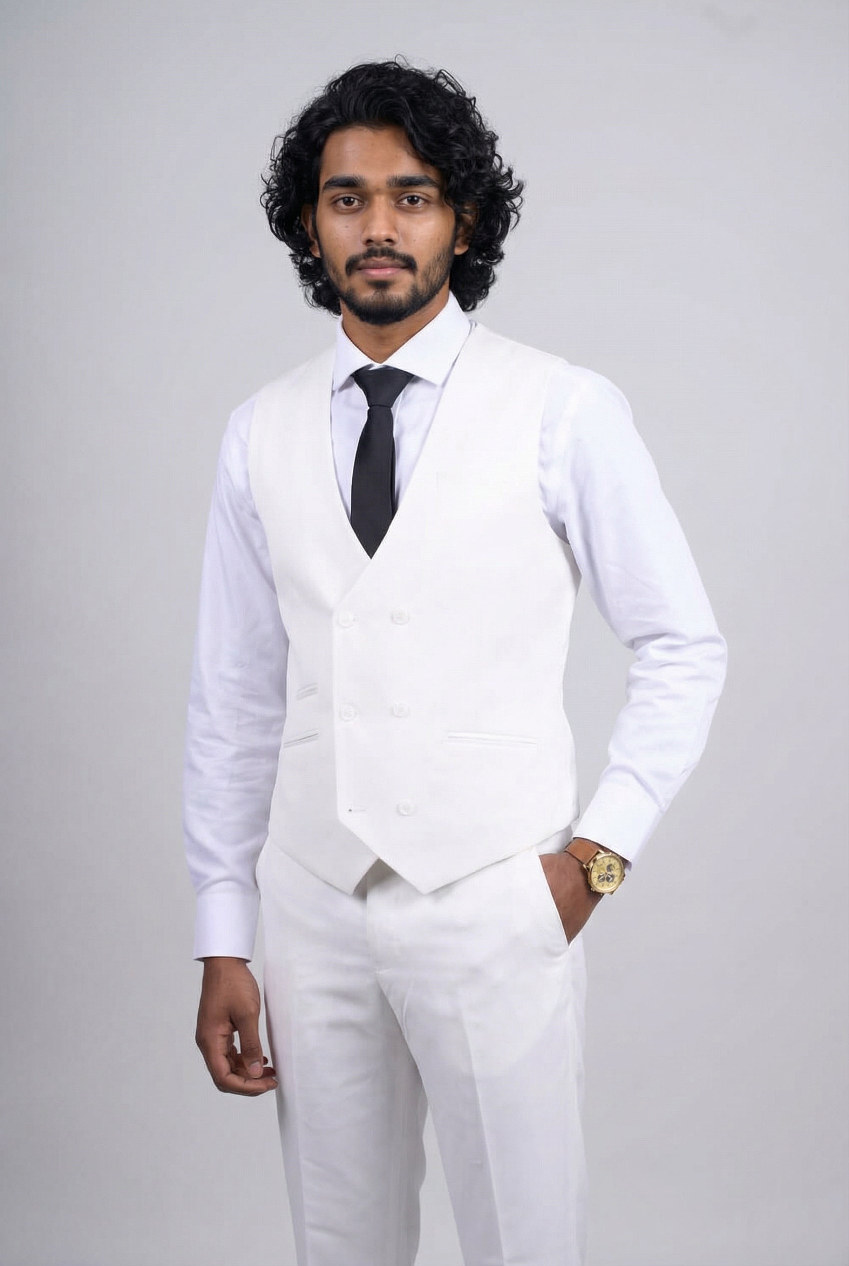 Men’s 3-Piece Formal Suit with Double Breasted Waistcoat - Santiago - Off White Model Waistcoat Picture