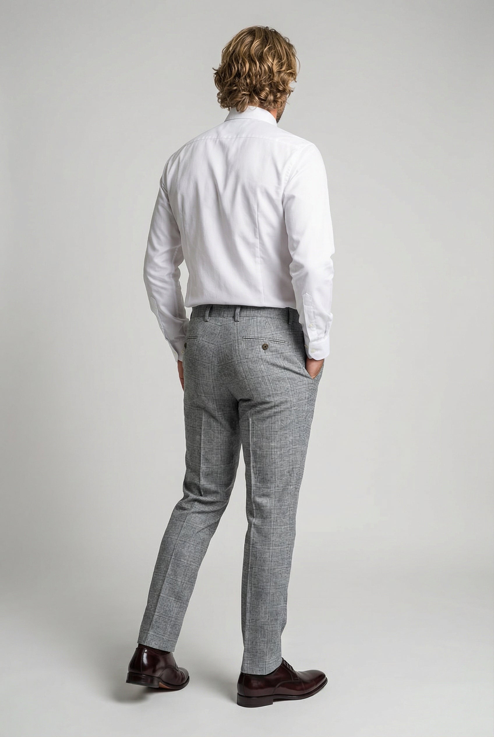 Men’s 3-Piece Glen Check Dress Trousers - Parker - Stone Grey Back Picture