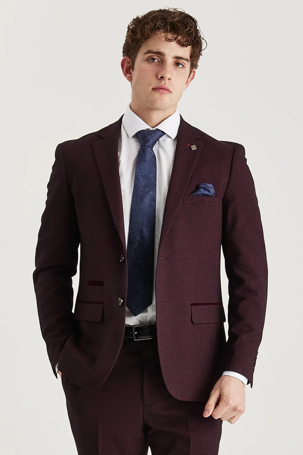Men’s 3-Piece Glen Check Formal Suit - Regent - Wine Red Front Picture