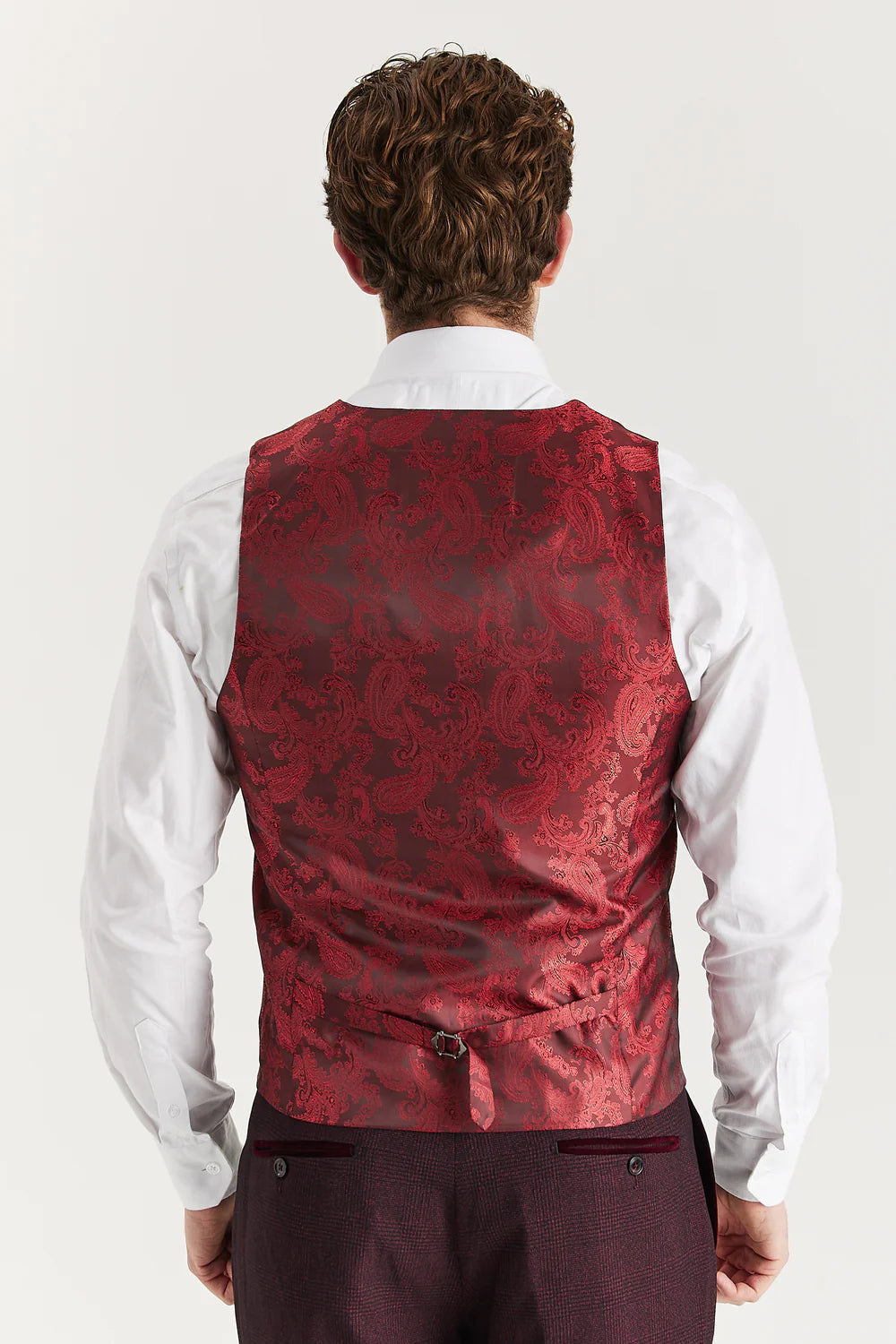 Men’s 3-Piece Glen Check Formal Suit - Regent - Wine Red Waistcoat Back Picture