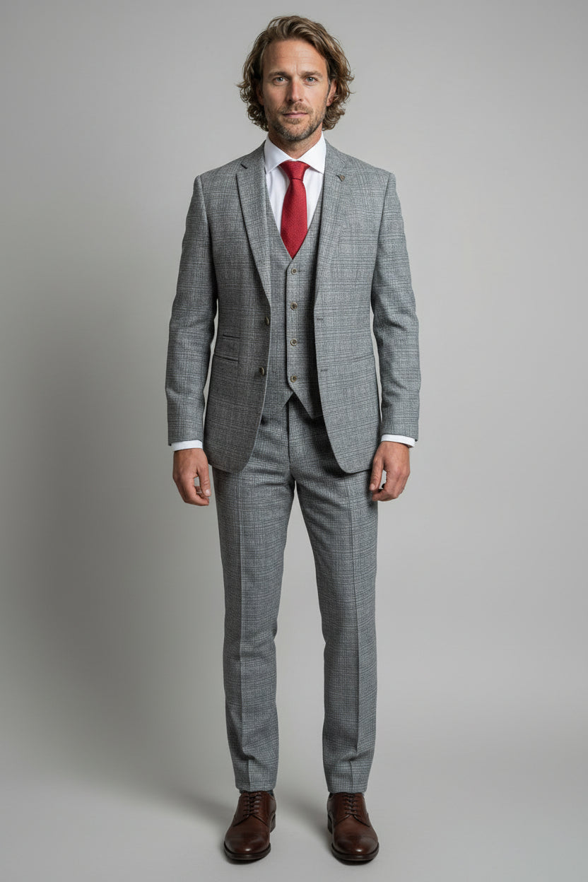 Men’s 3-Piece Glen Check Suit - Parker - Stone Grey Front Picture