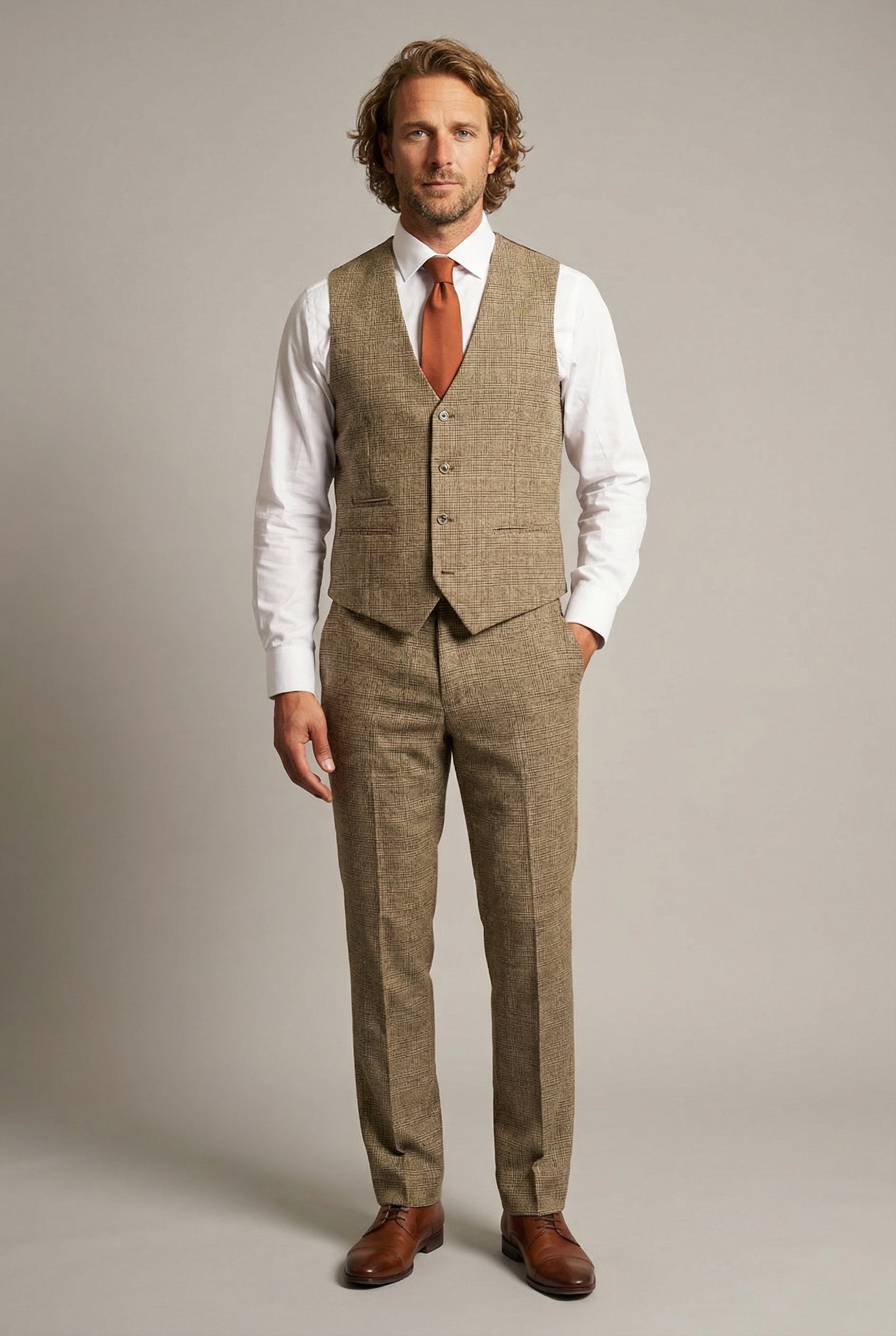 Men’s 3-Piece Glen Check Suit - Parker - Tan Brown Waistcoat Picture