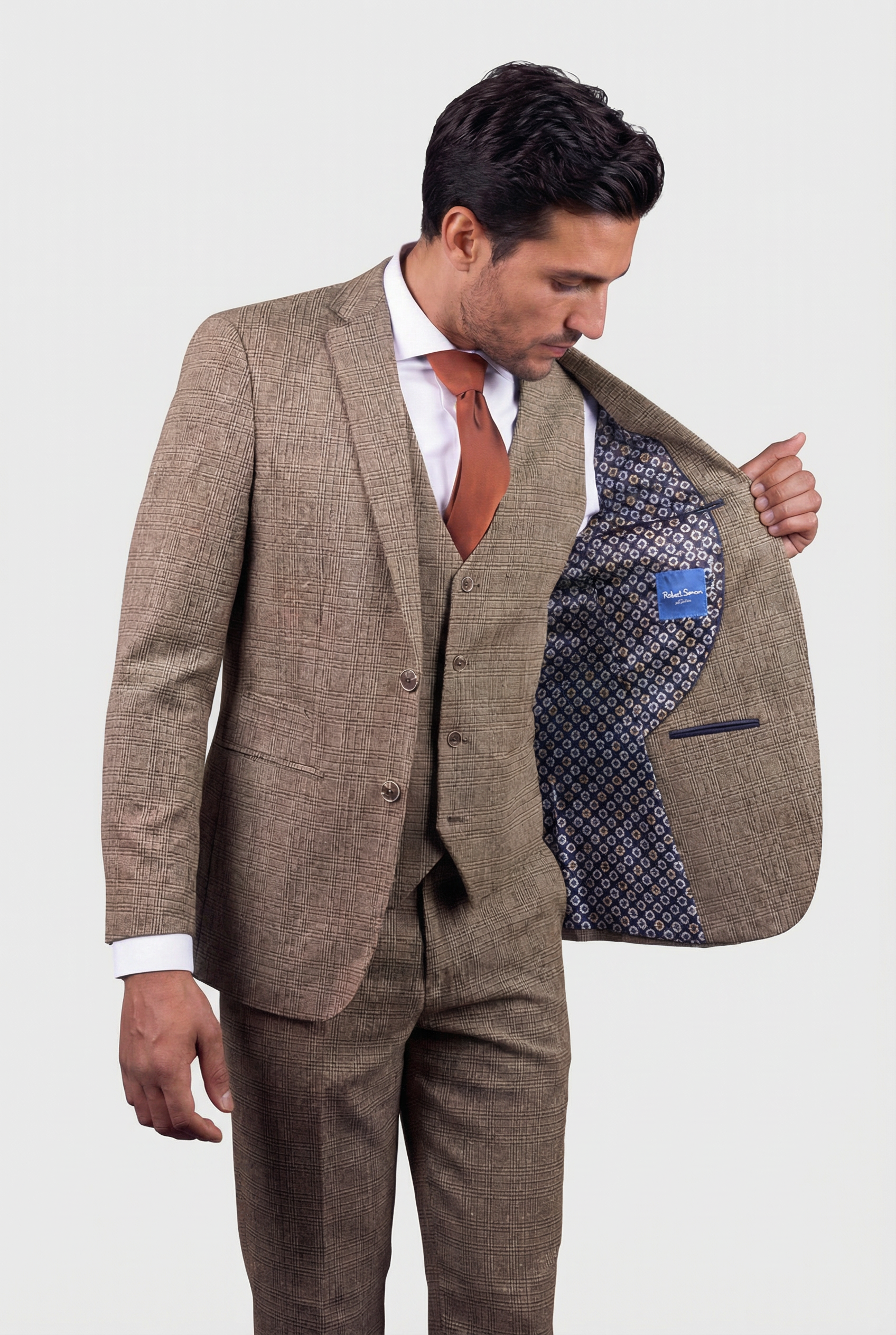Abito da uomo a 3 pezzi con motivo Glen Check - Parker - Marrone Tan