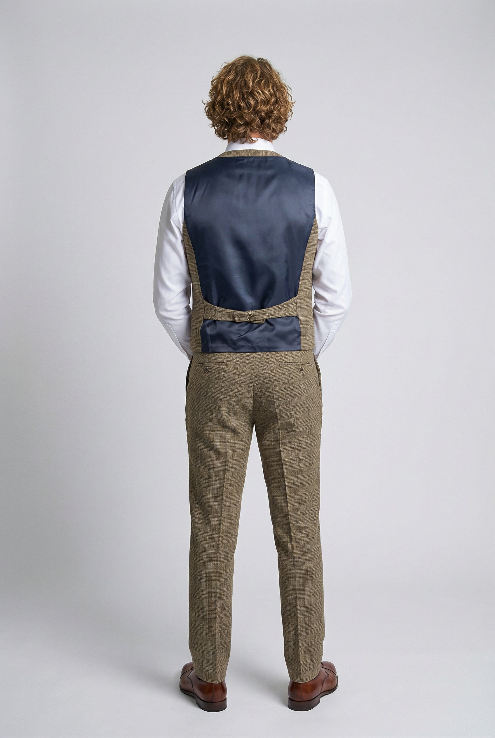 Men’s 3-Piece Glen Check Suit - Parker - Tan Brown Waistcoat Back Picture