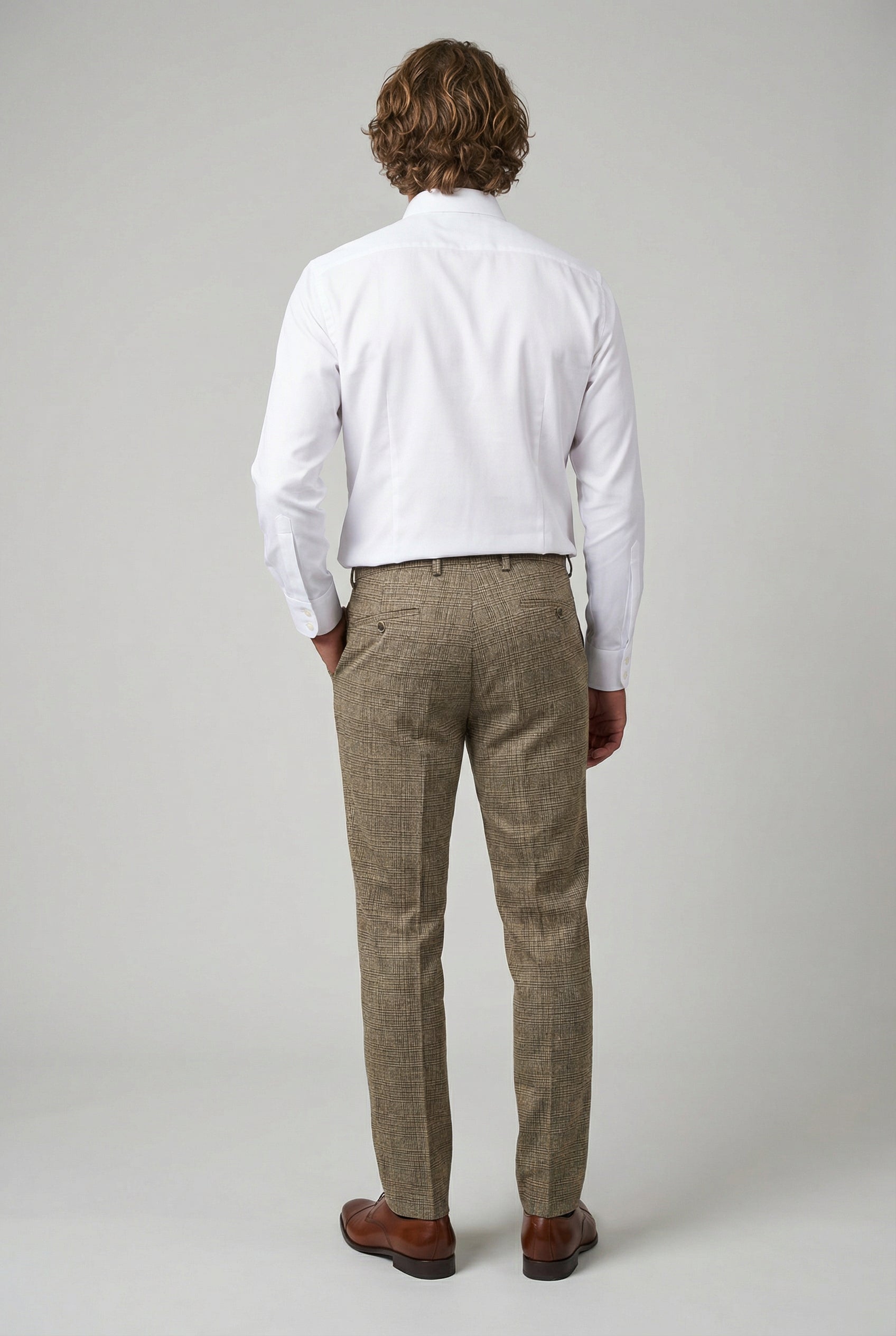 Men’s 3-Piece Glen Check Suit - Parker - Tan Brown Trousers Back Picture