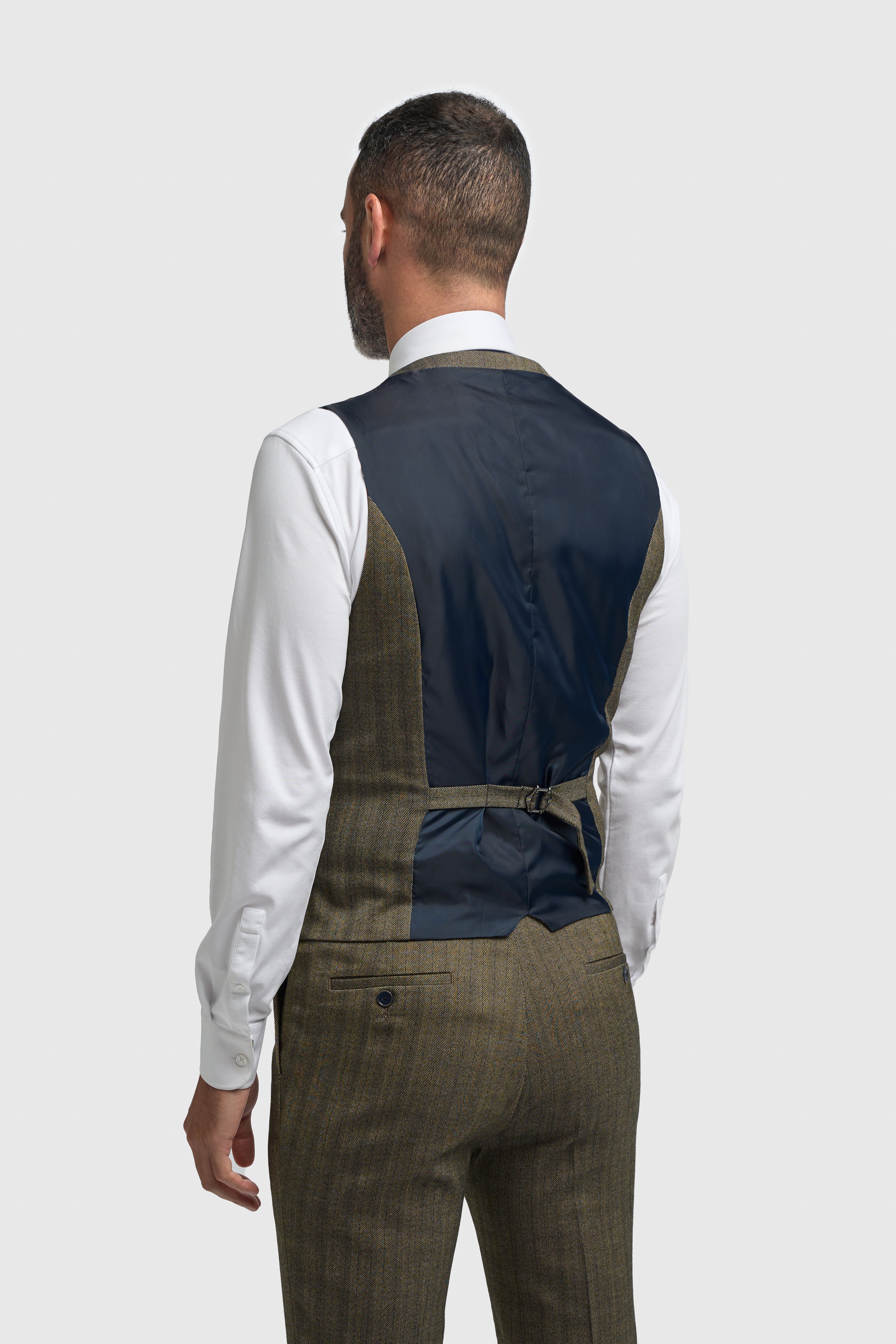 Men’s 3-Piece Herringbone Formal Suit - Damon - Sage Green Waistcoat Back Picture