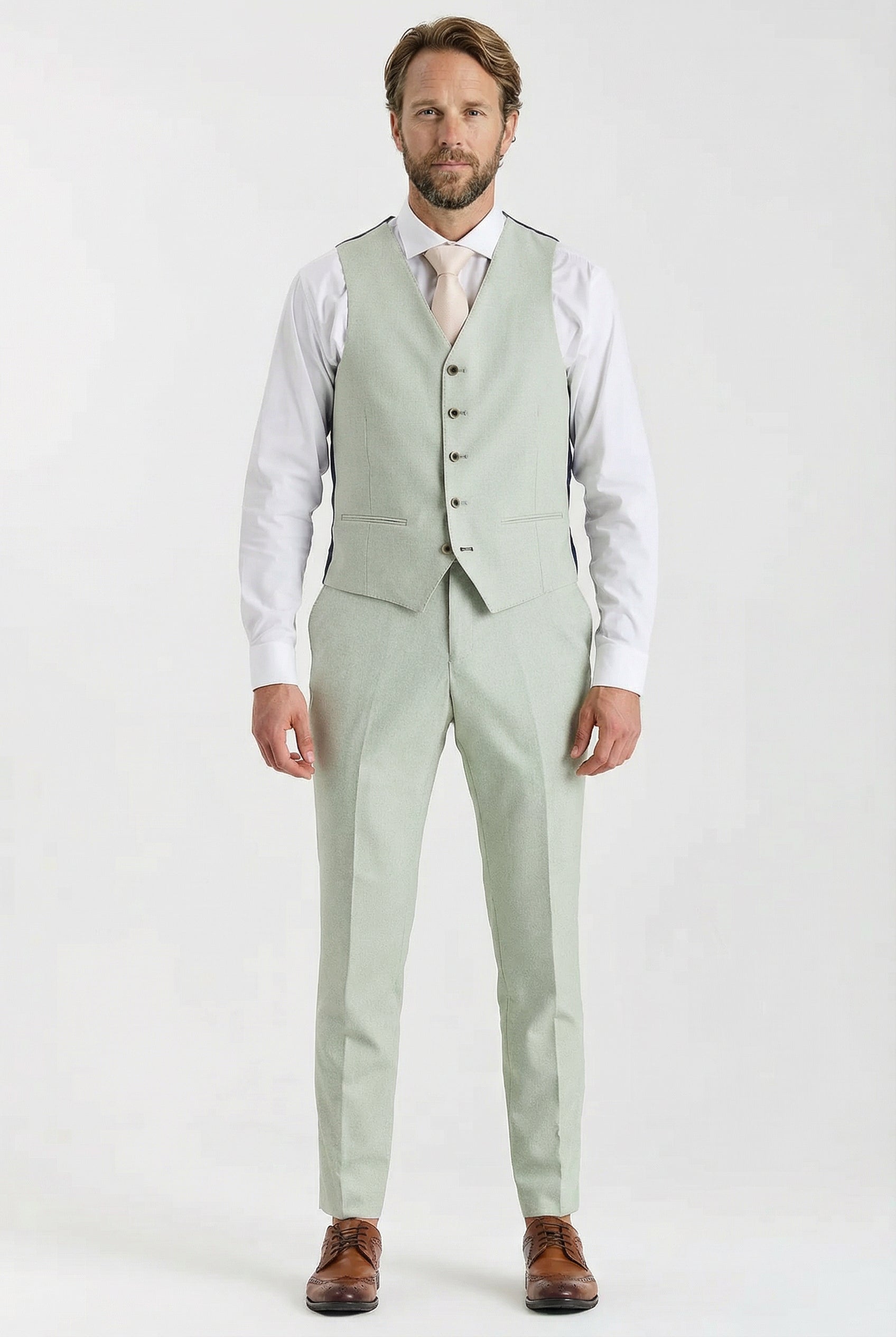 Men’s 3-Piece Tailored Fit Formal Suit - Belmont - Sage Green Model Front waistcoat Picture