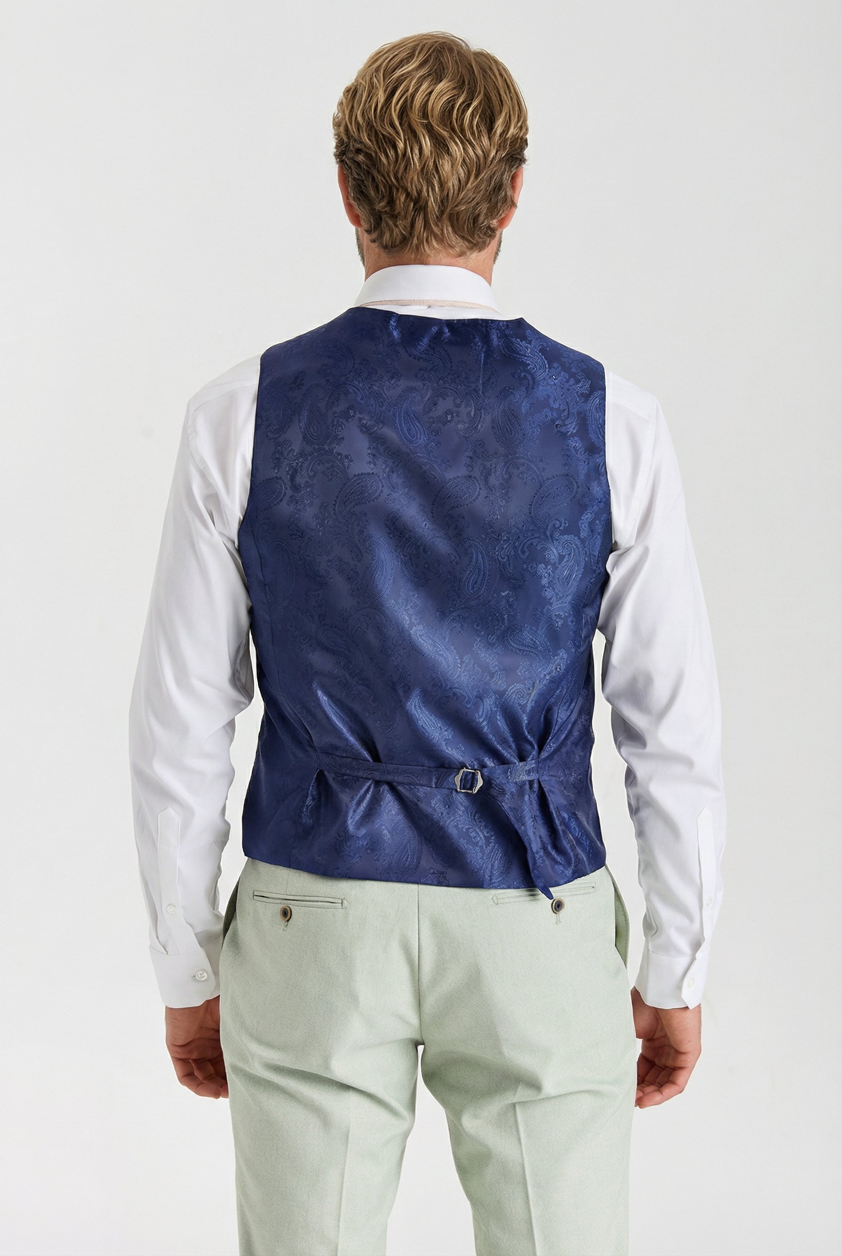 Men’s 3-Piece Tailored Fit Formal Suit - Belmont - Sage Green Model Back waistcoat Picture