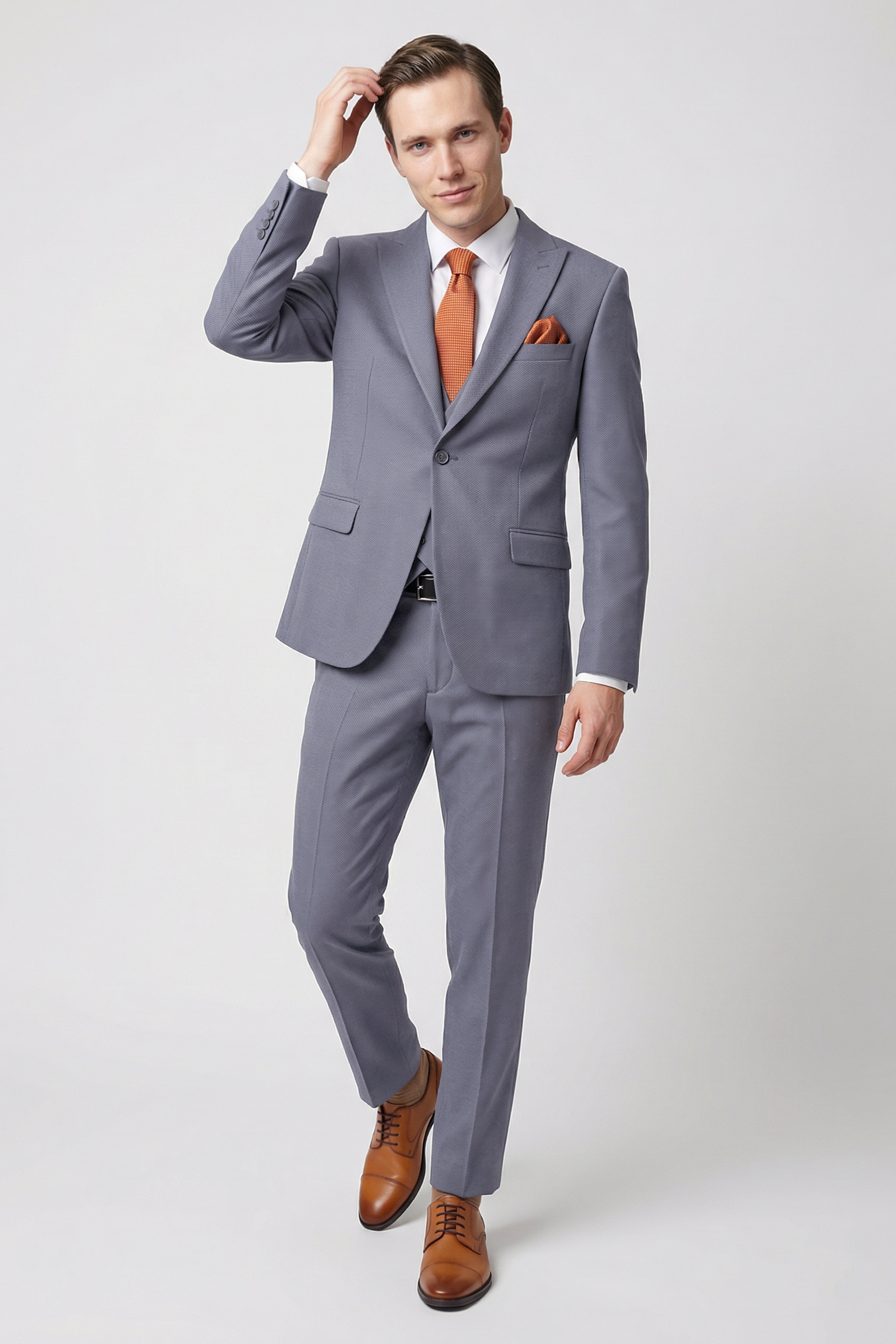 Men’s 3-Piece Textured Formal Suit with Double Breasted Waistcoat - Core - Charcoal Grey Front Picture