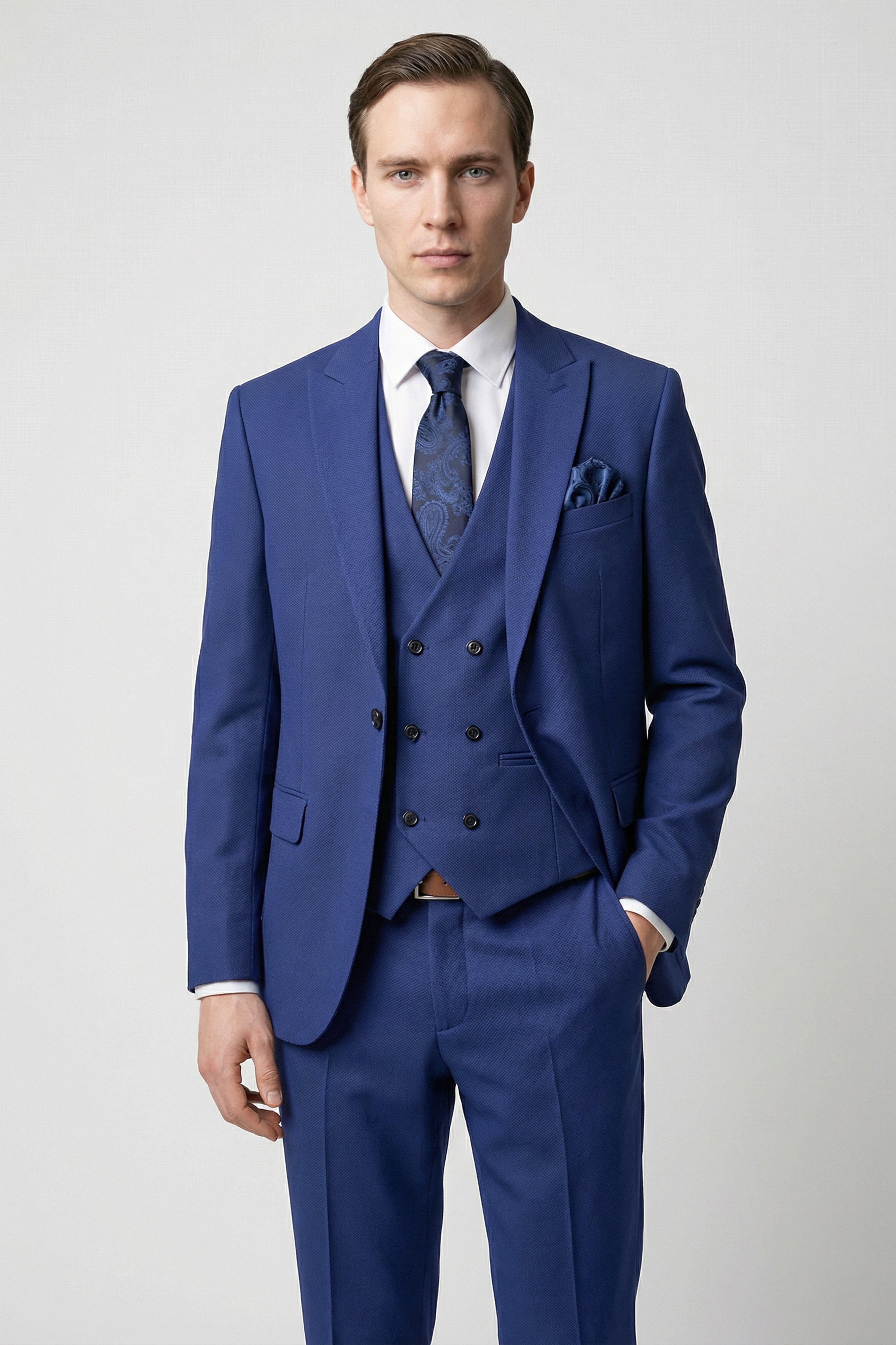 Men’s 3-Piece Textured Formal Suit with Double Breasted Waistcoat - Core - Navy Blue Model Picture