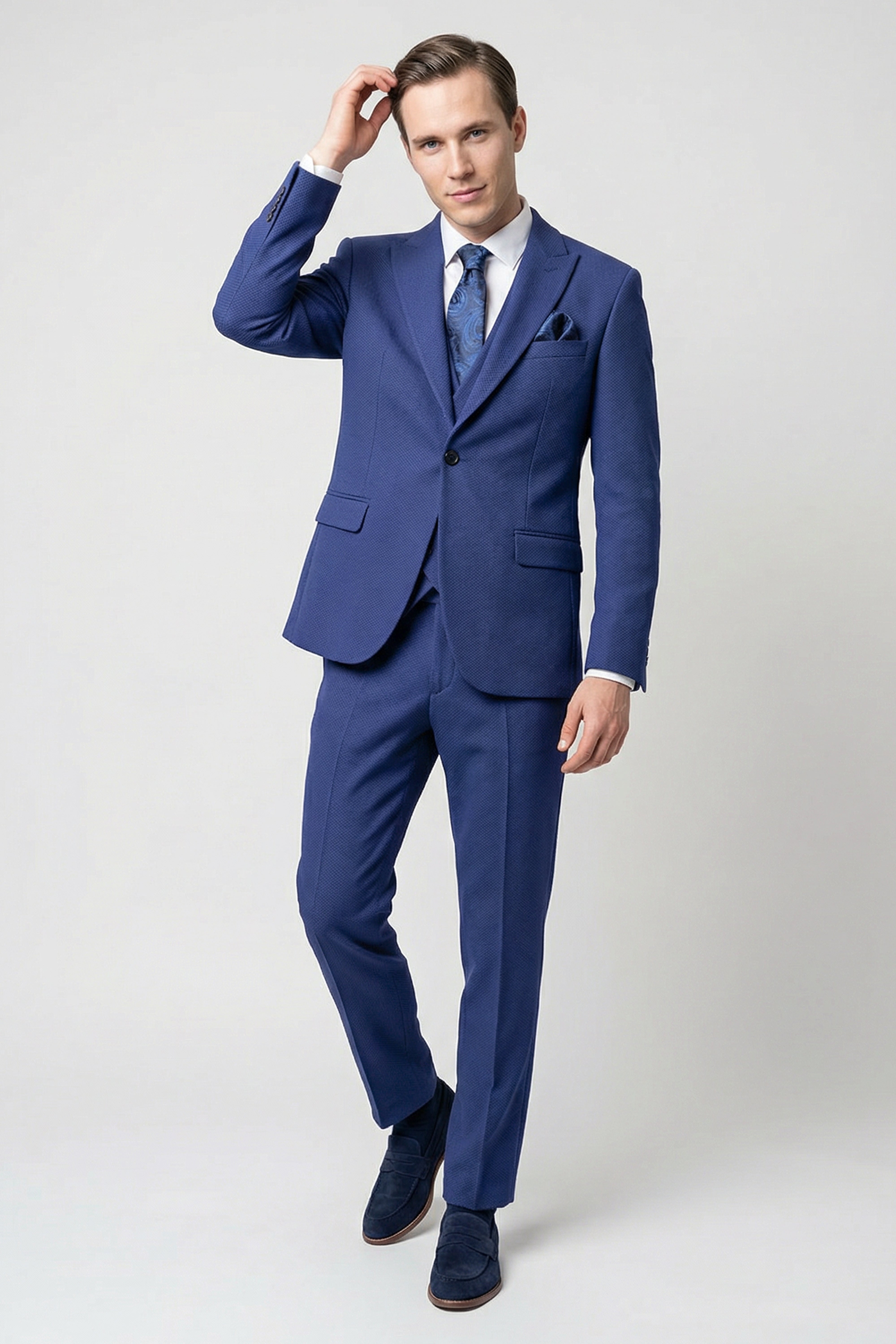 Men’s 3-Piece Textured Formal Suit with Double Breasted Waistcoat - Core - Navy Blue Model Front Picture