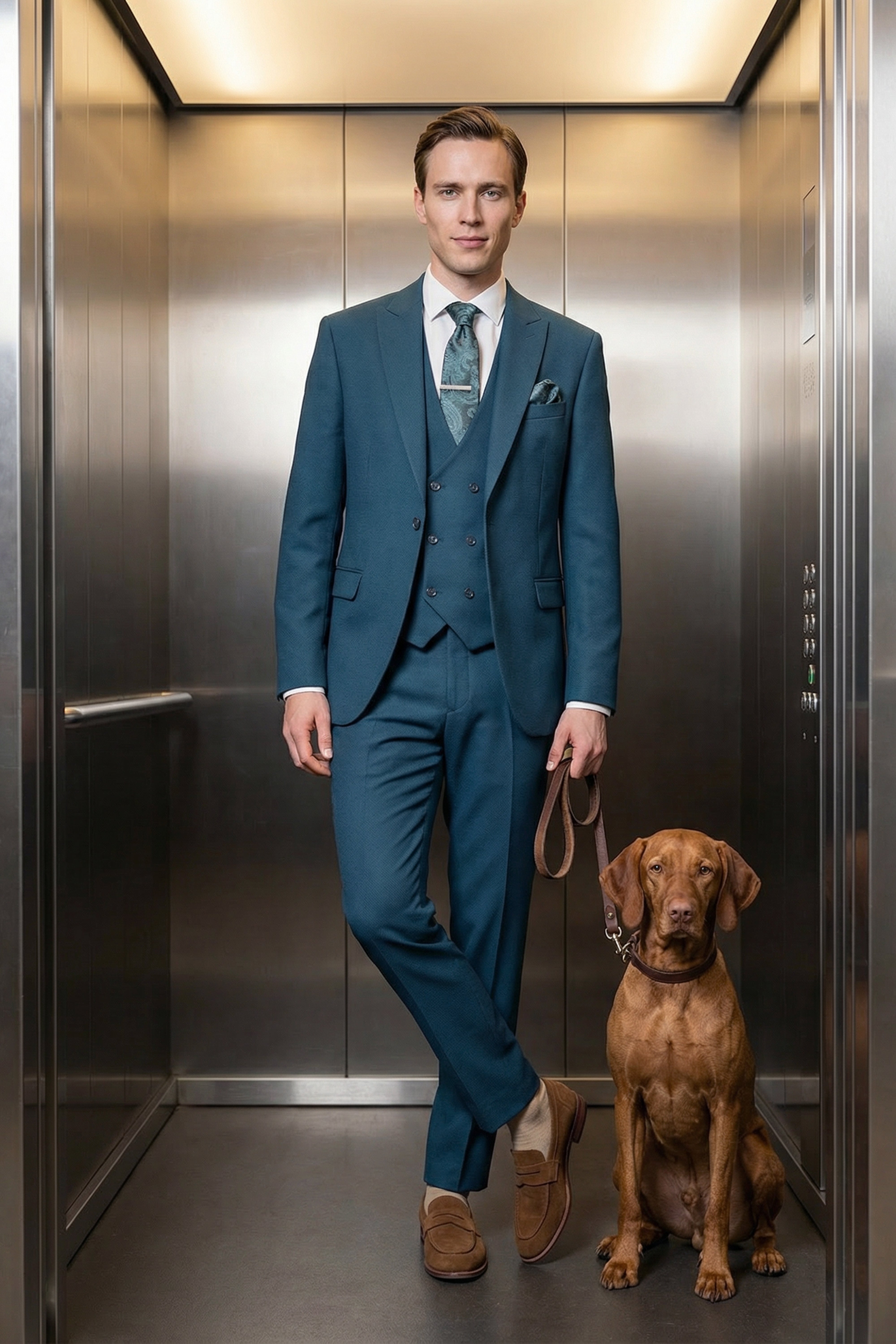 Men’s 3-Piece Textured Formal Suit with Double Breasted Waistcoat - Core - Olive Green Life Style Picture