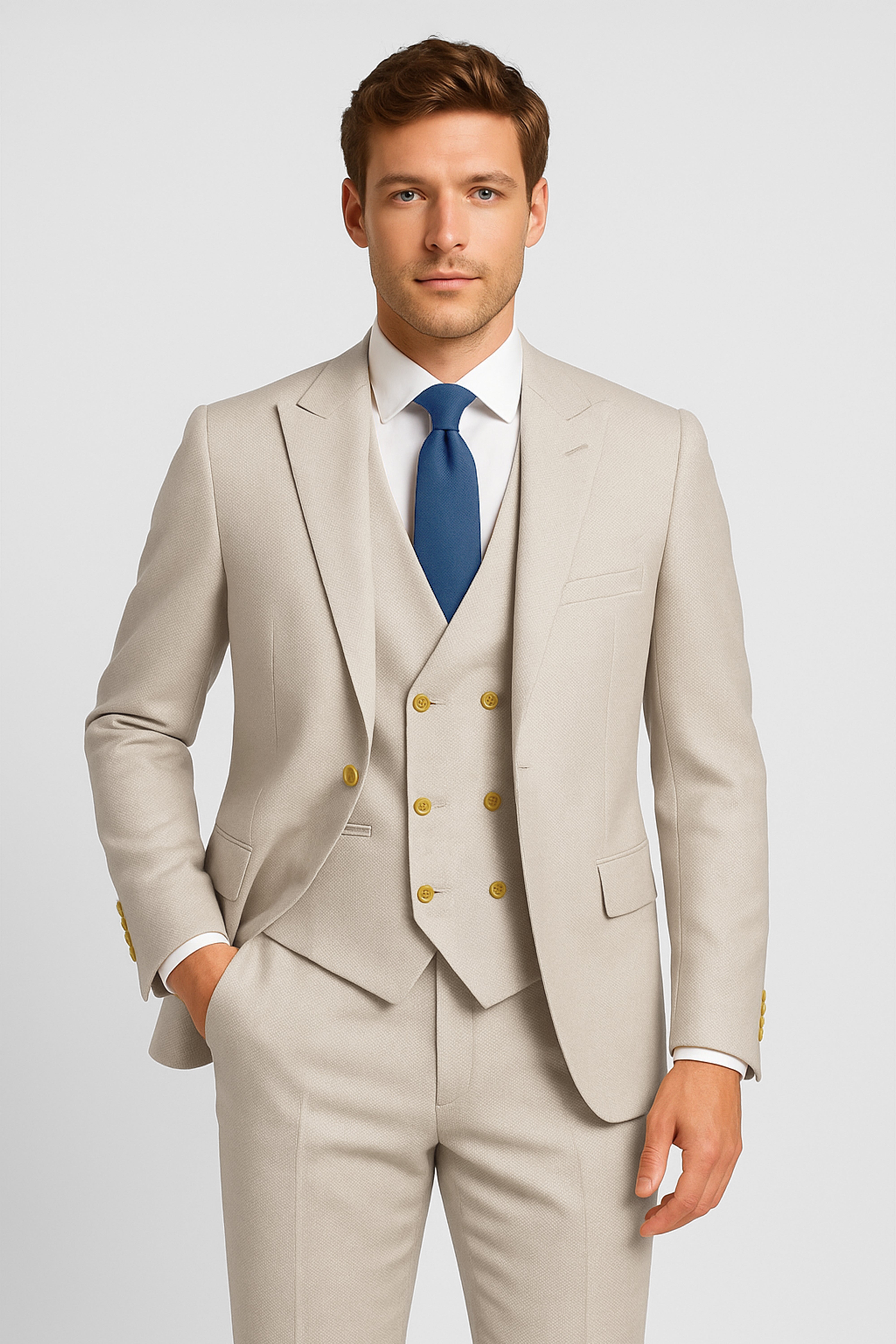 Men’s 3-Piece Textured Suit with Double-Breasted Waistcoat - CORE - Beige Modle Picture