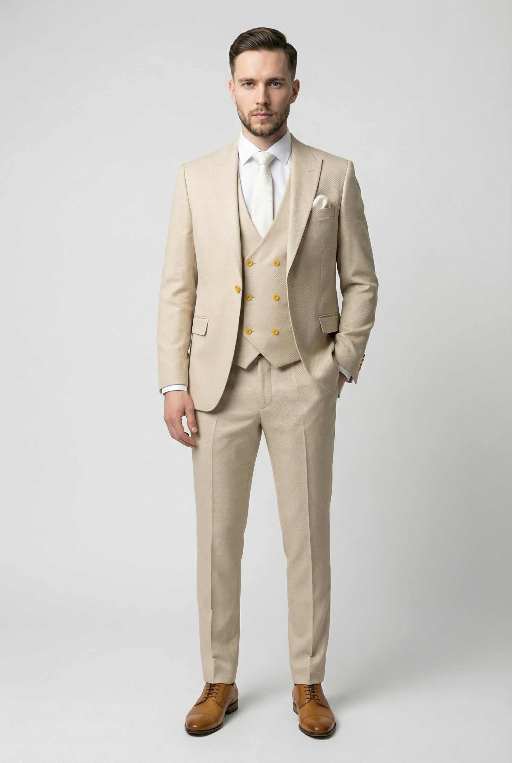Men’s 3-Piece Textured Suit with Double-Breasted Waistcoat - CORE - Beige Model Front Picture