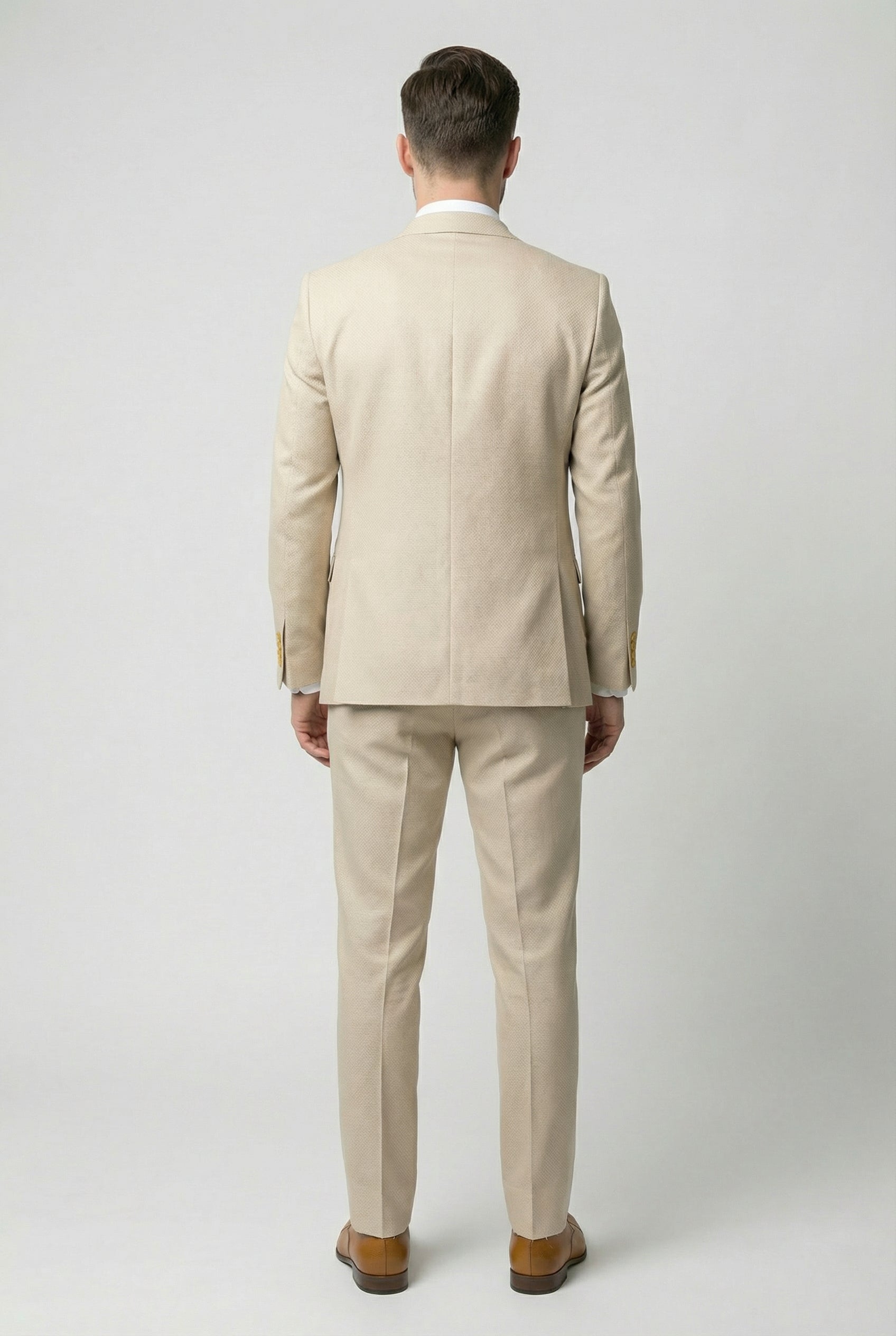 Men’s 3-Piece Textured Suit with Double-Breasted Waistcoat - CORE - Beige Model Back Picture