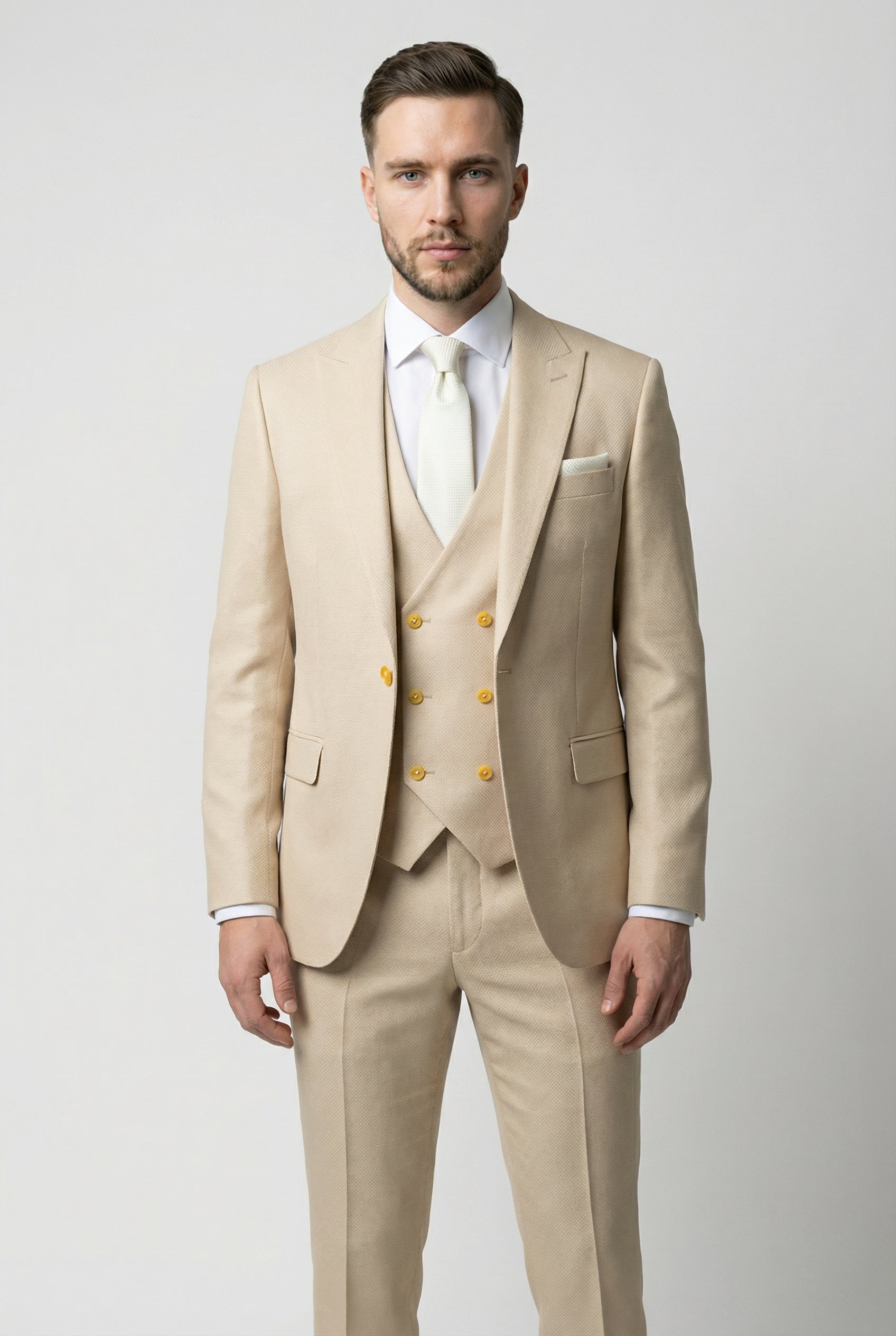 Men’s 3-Piece Textured Suit with Double-Breasted Waistcoat - CORE - Beige Model Picture