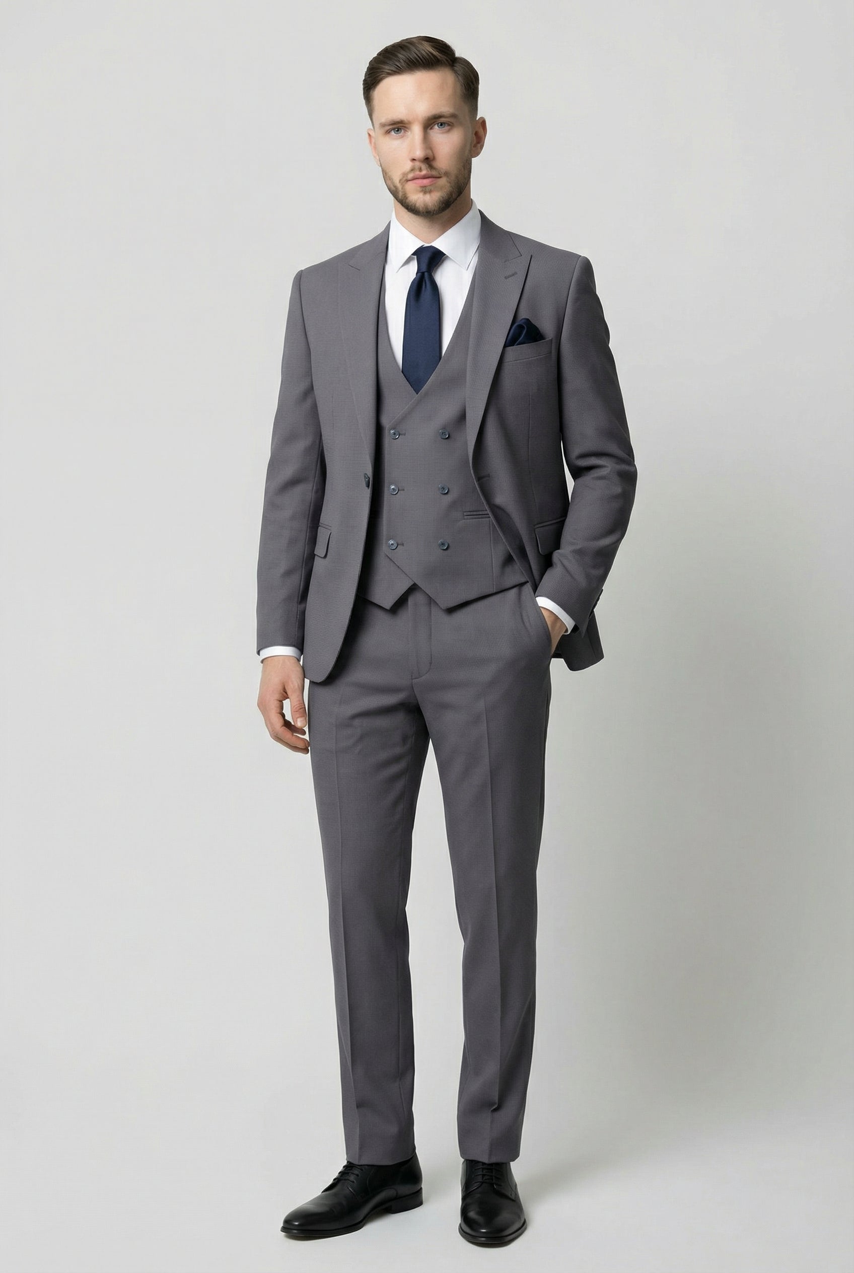 Men’s 3-Piece Textured Suit with Double-Breasted Waistcoat - CORE - Grey Front Picture