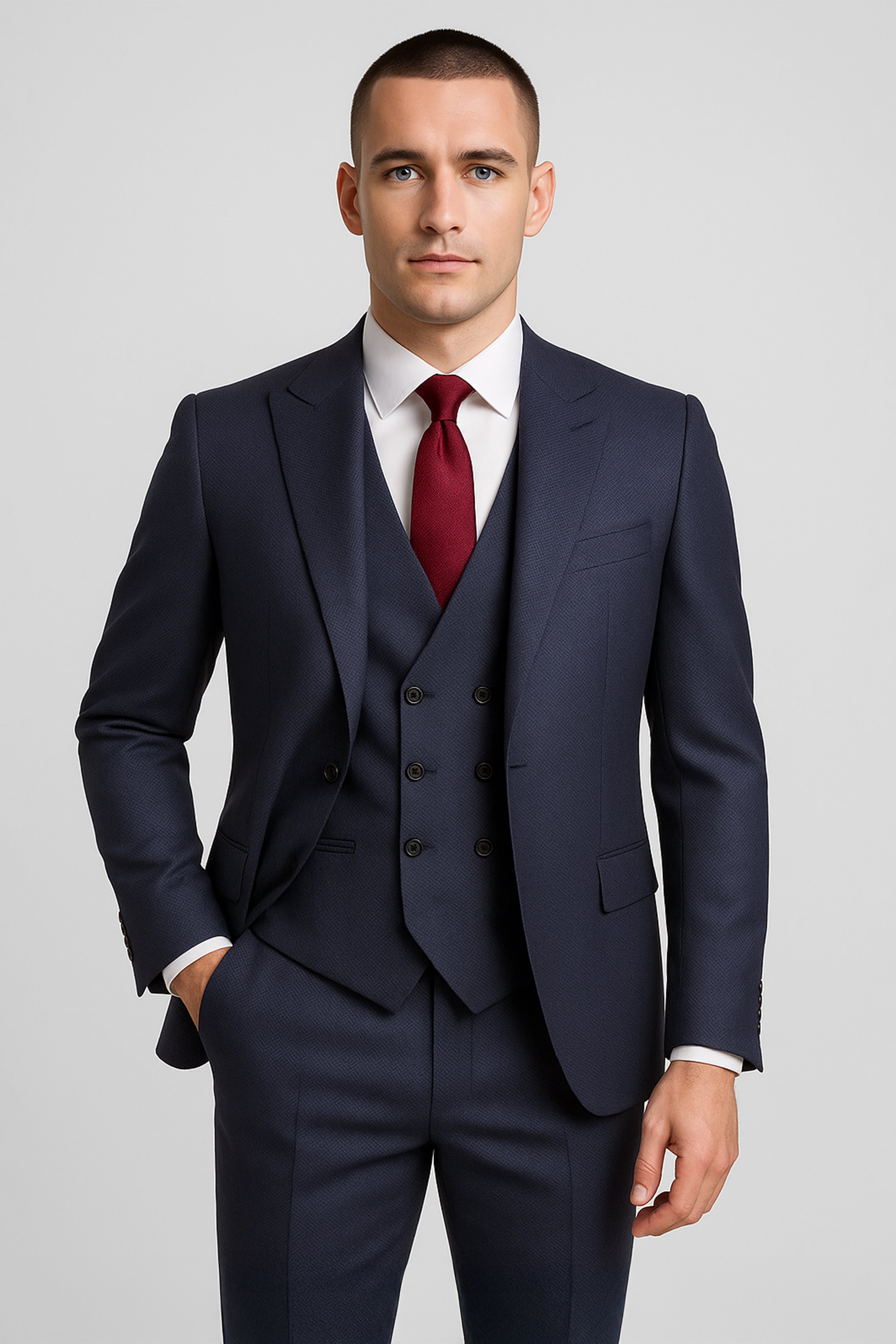 Men’s 3-Piece Textured Suit with Double-Breasted Waistcoat - CORE - Navy Blue Model Picture