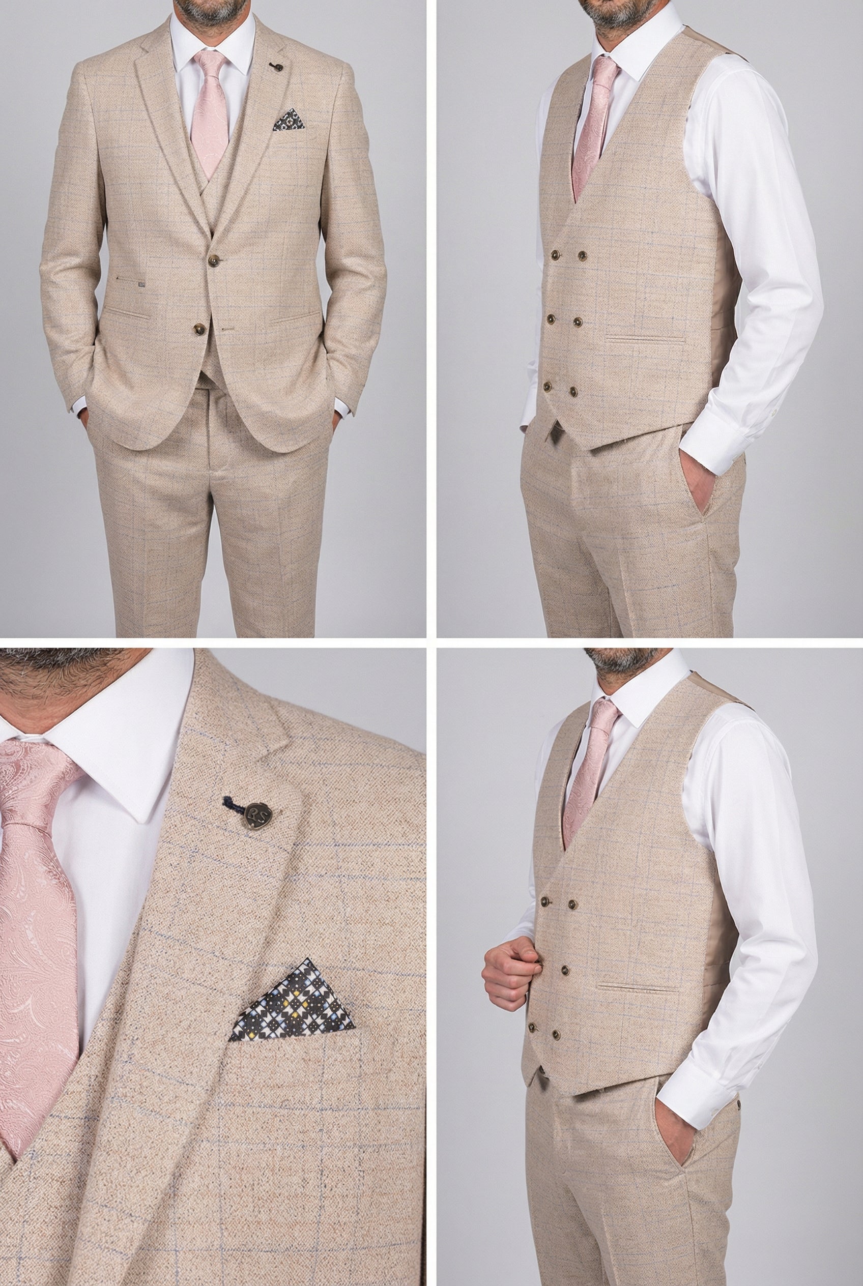 Costume pour homme 3 pièces en tweed imitation motif Prince de Galles - Luis - Beige