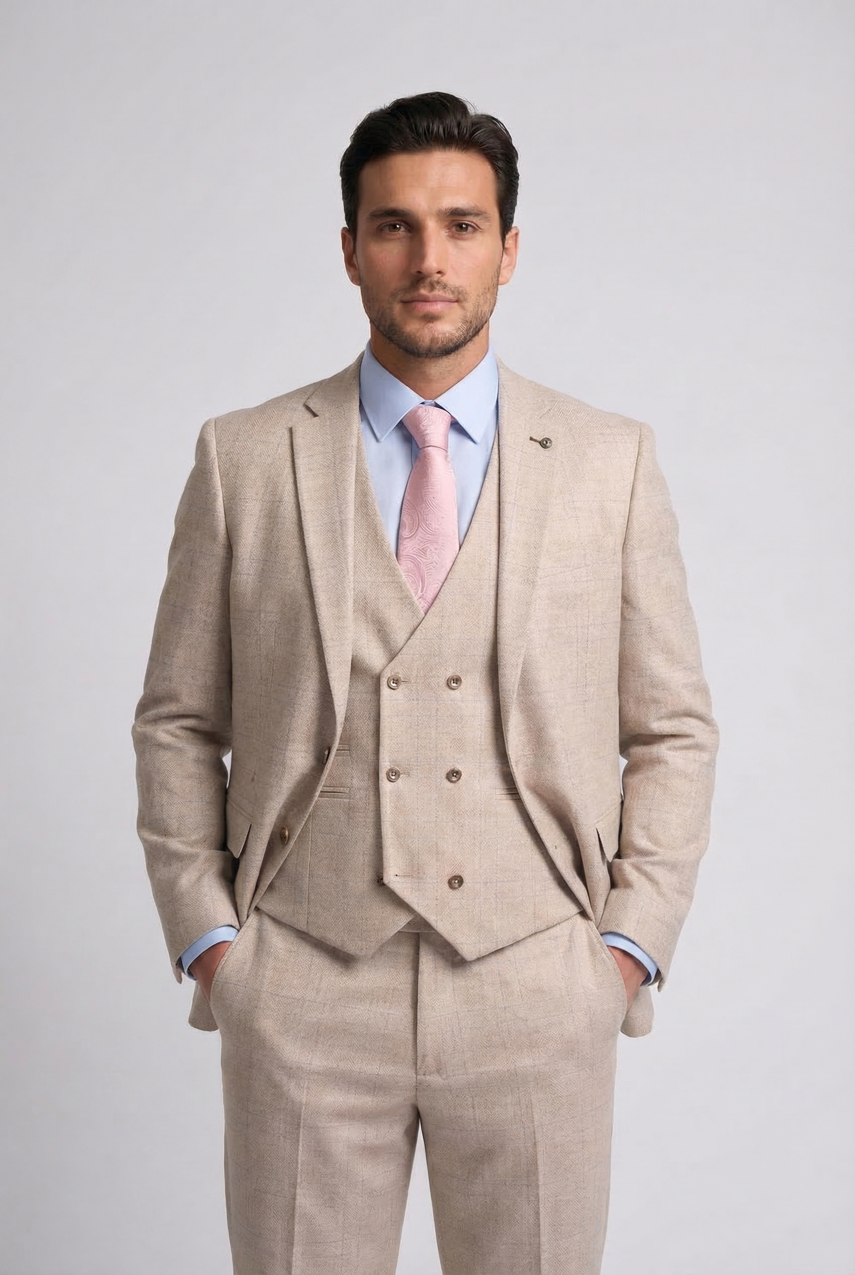 Men’s 3-Piece Tweed Like Glen Check Suit - Luis - Beige
