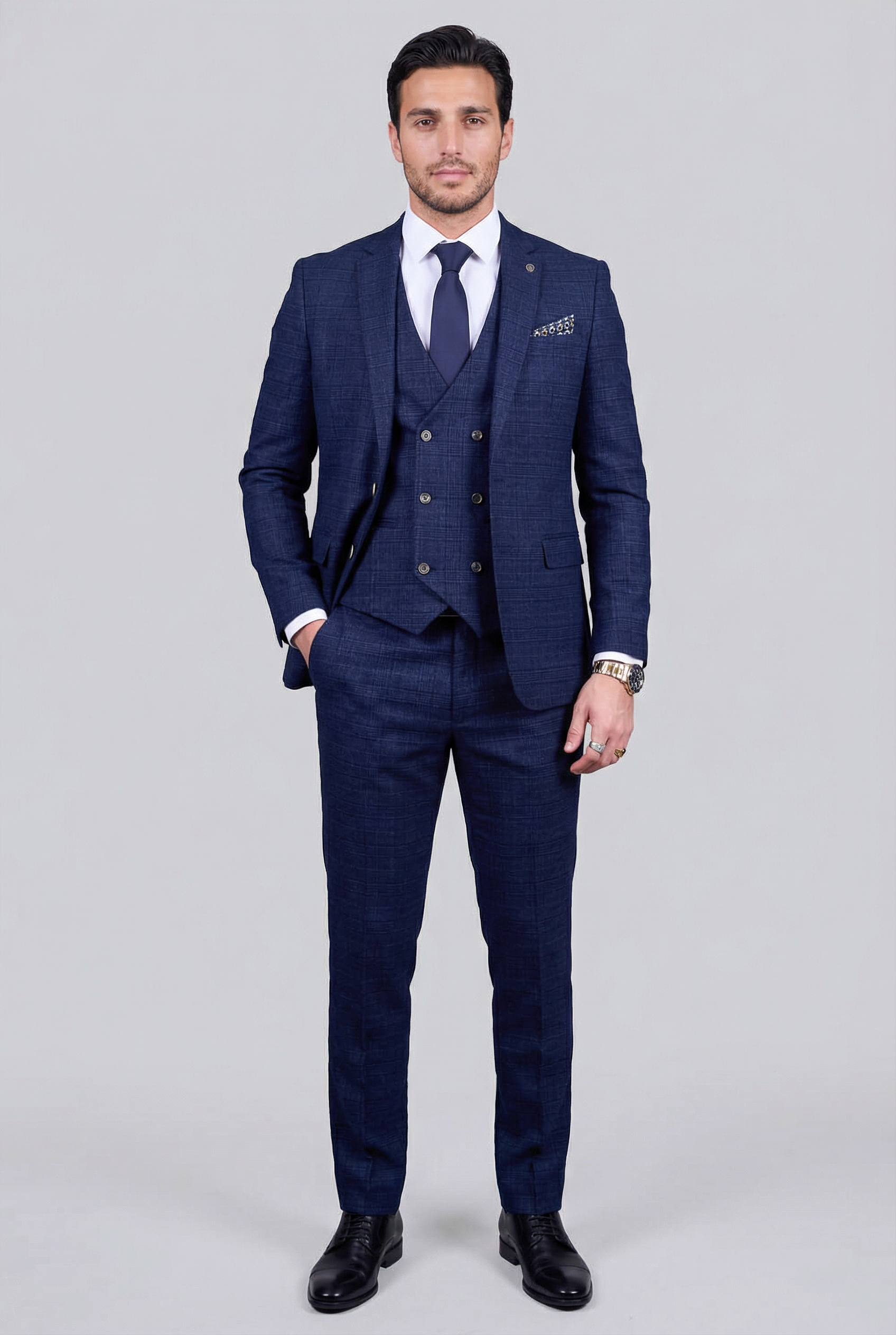Men’s 3-Piece Tweed Like Glen Check Suit - Luis - Navy