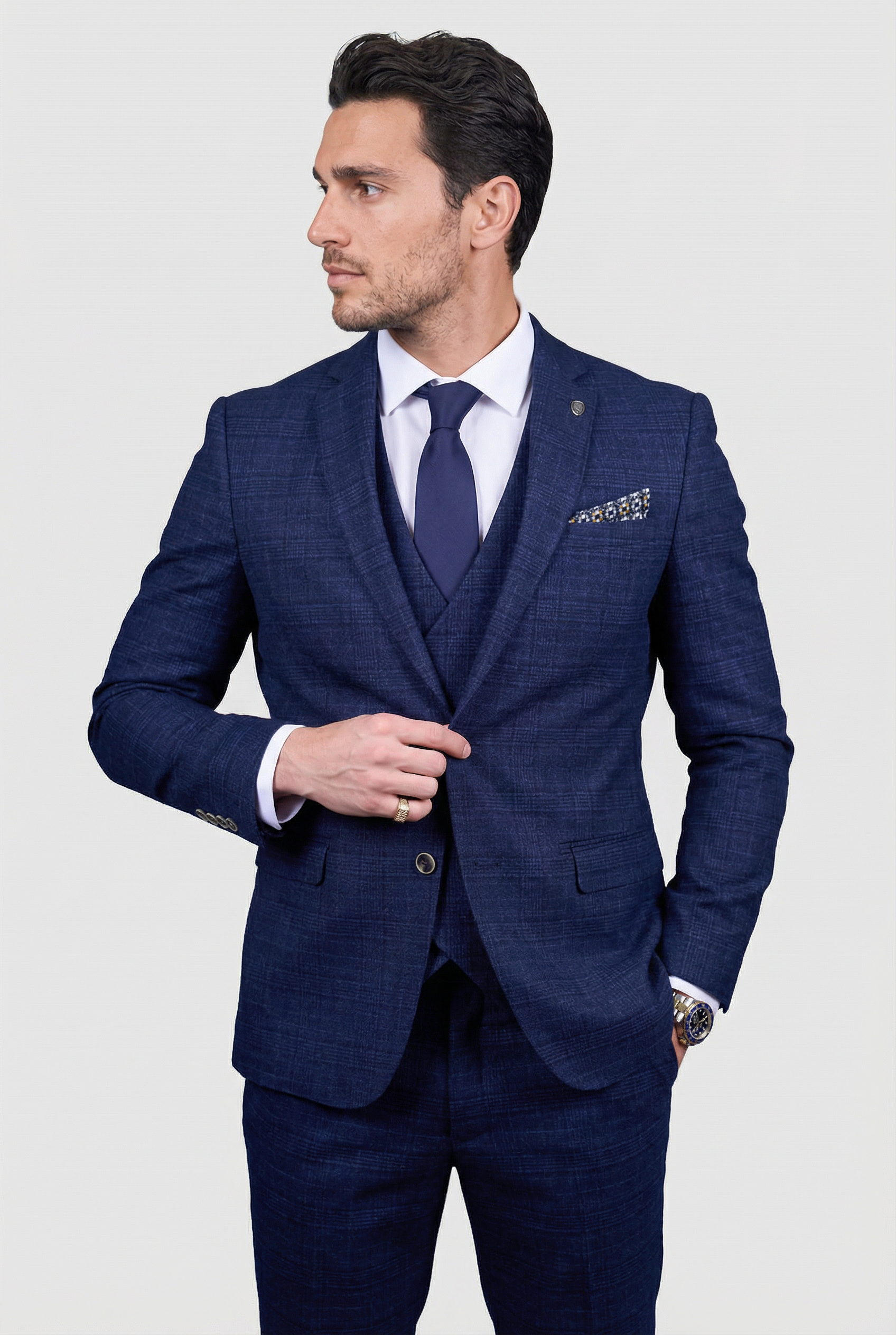 Men’s 3-Piece Tweed Like Glen Check Suit - Luis - Navy