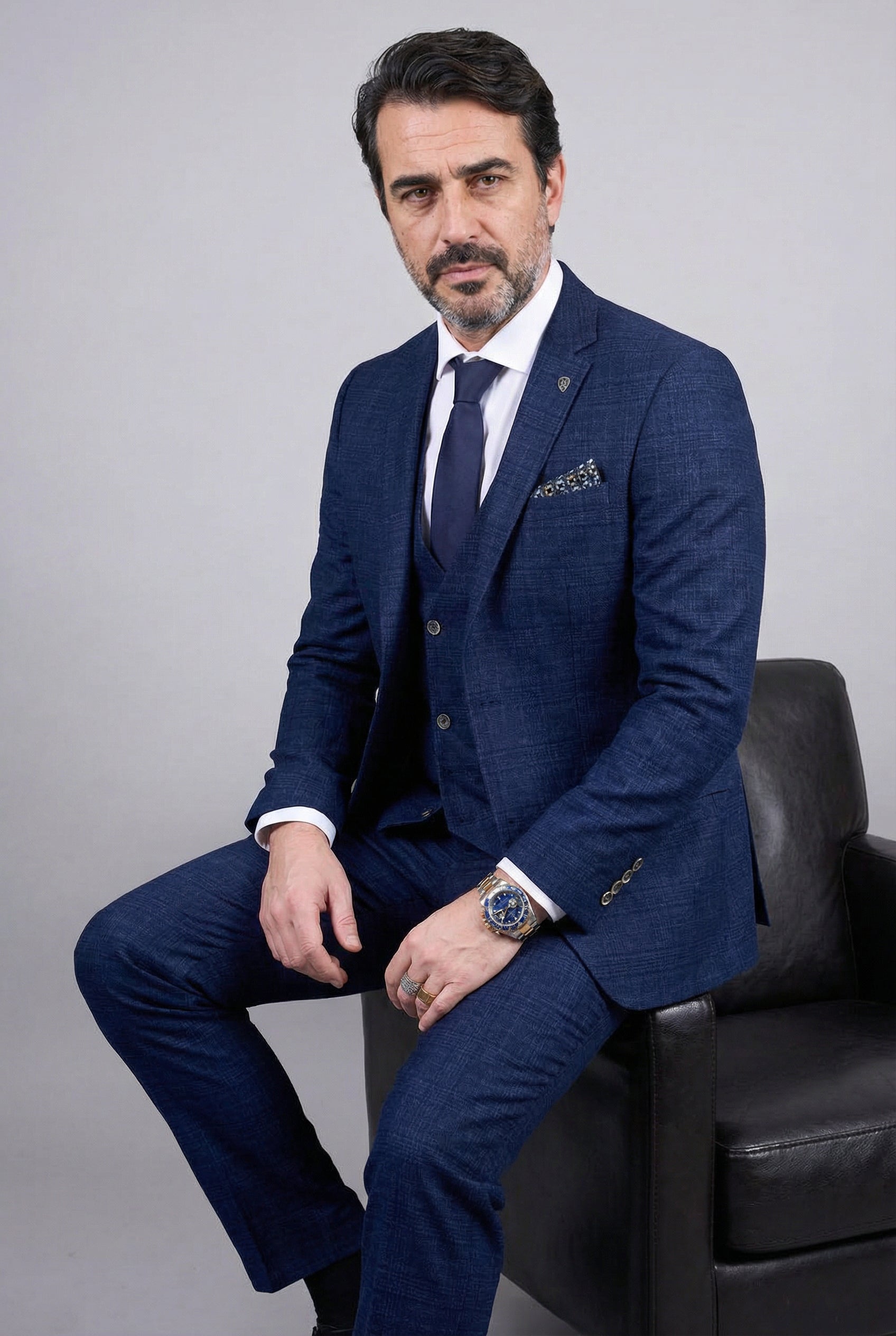 Herren 3-teiliger Tweed-ähnlicher Glencheck-Anzug - Luis - Marineblau