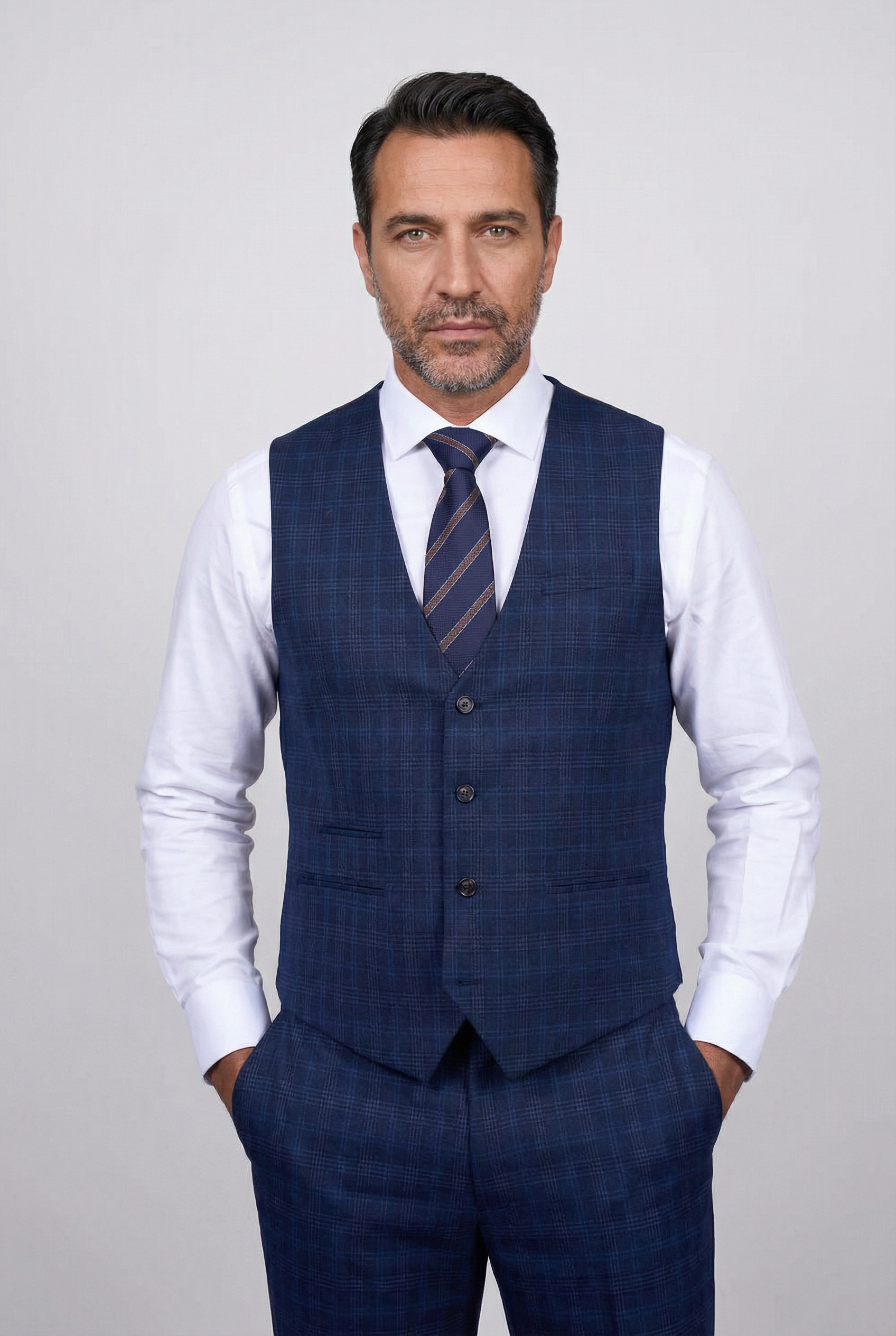 Herren 3-teiliger Windowpane-Karo-Anzug - Marcos - Marineblau