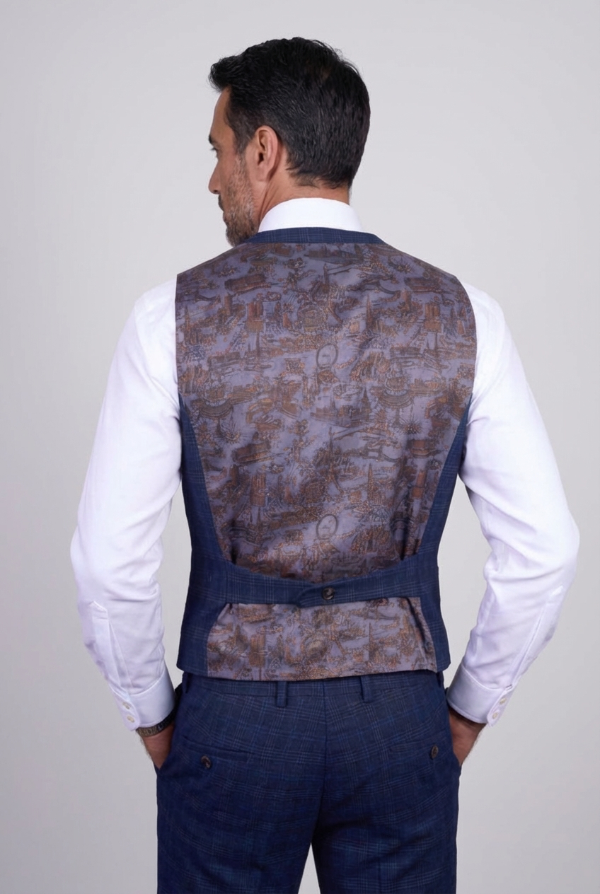 Herren 3-teiliger Windowpane-Karo-Anzug - Marcos - Marineblau