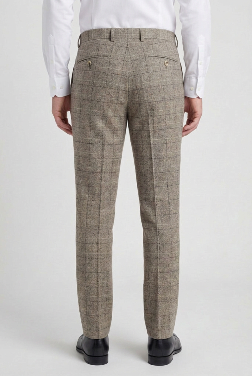 Traje de tweed de ventana de 3 piezas para hombre - Marrón