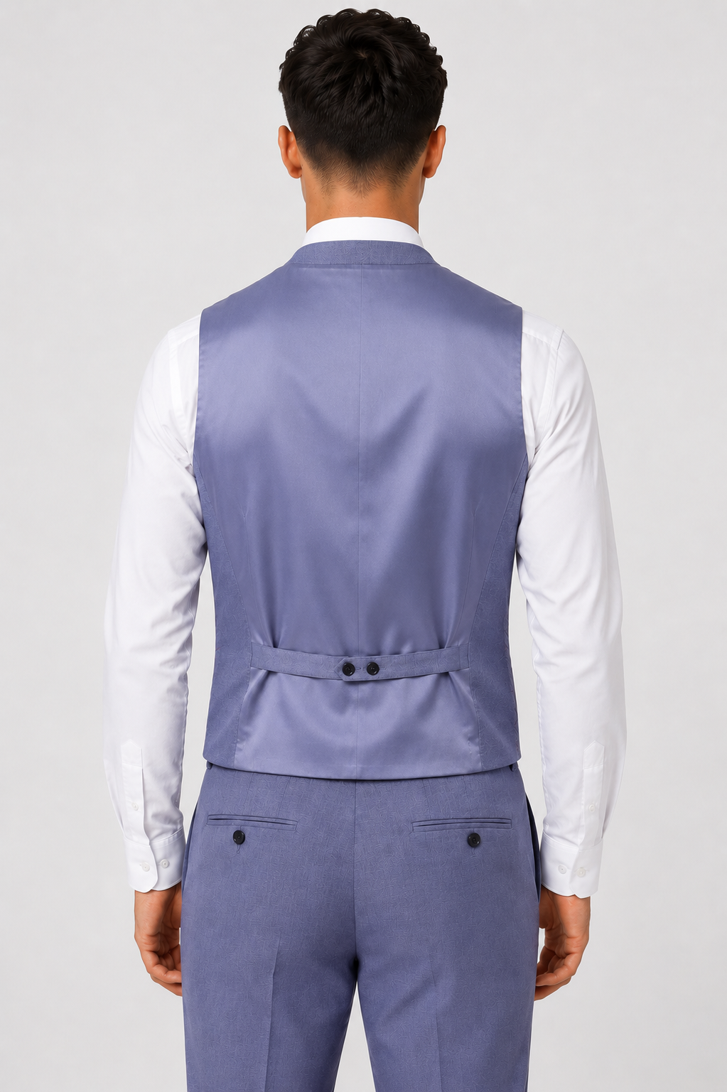 Men’s 3-Piece Wool Blend Formal Suit - Style DEAN LT BLUE Model Waistcoat Back Picture