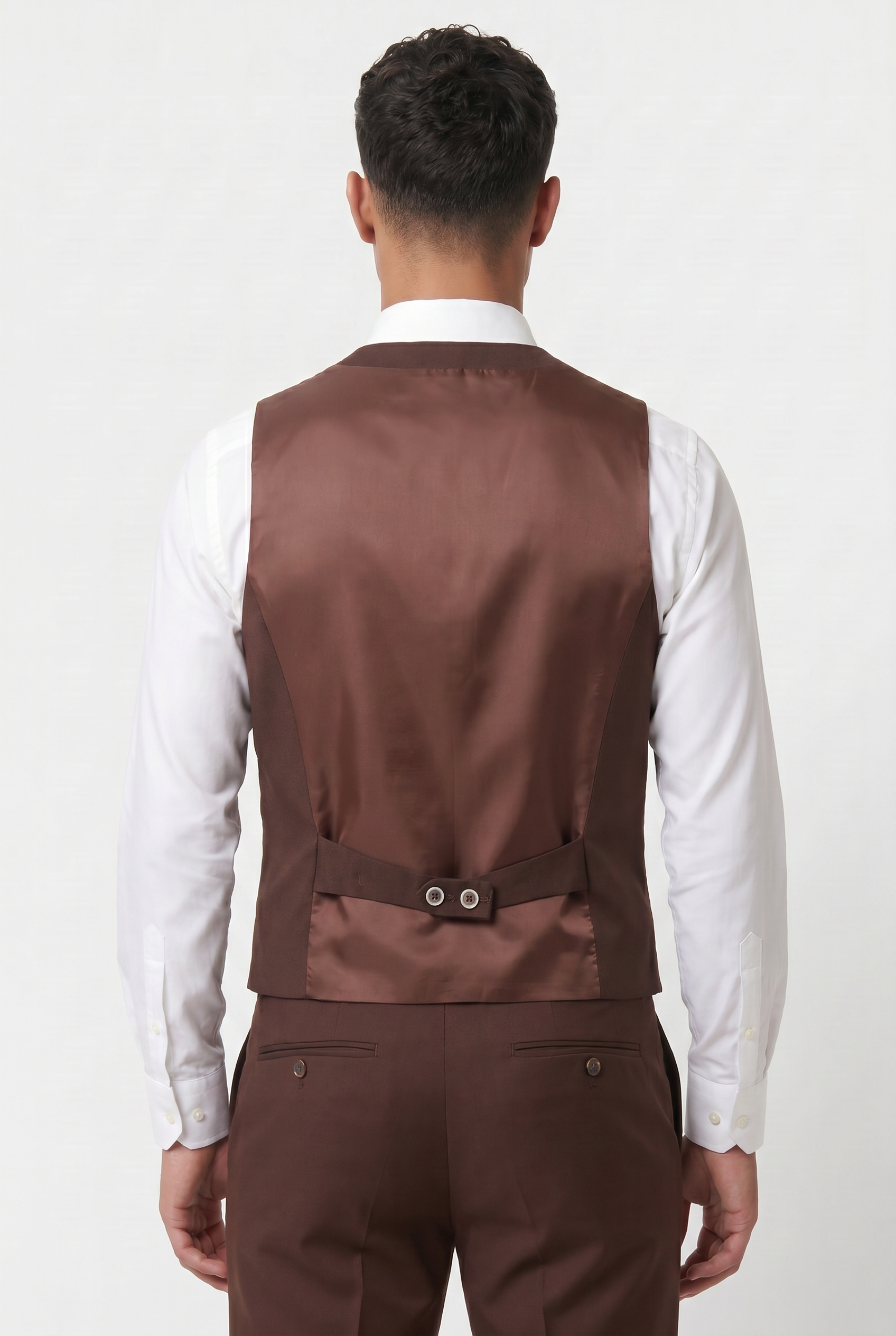 Men’s 3-Piece Wool Blend Formal Suit - Style PEDRO BROWN Model Waistcoat Back Picture