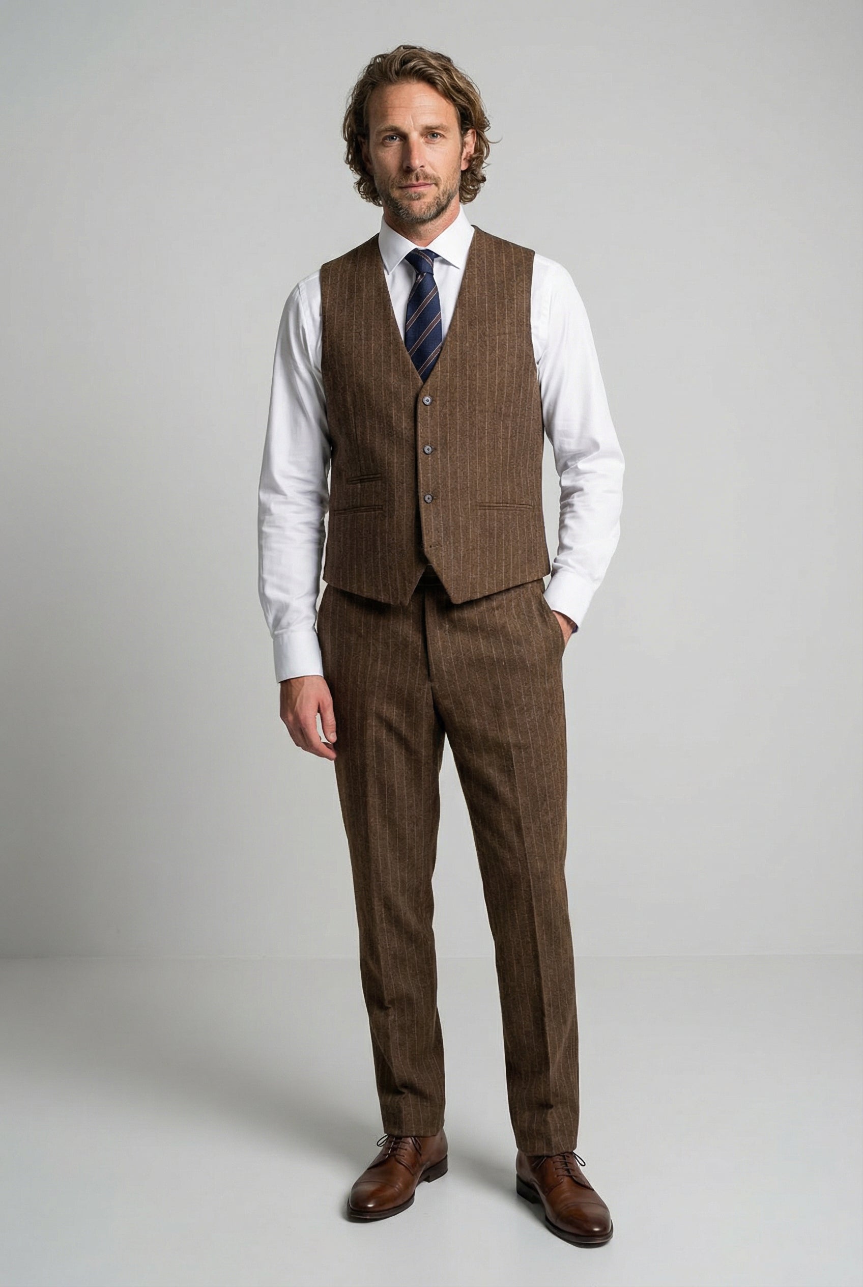 Men’s 3-Piece Wool Blend Pinstripe Formal Suit - Victor - Brown Waistcoat Model Picture