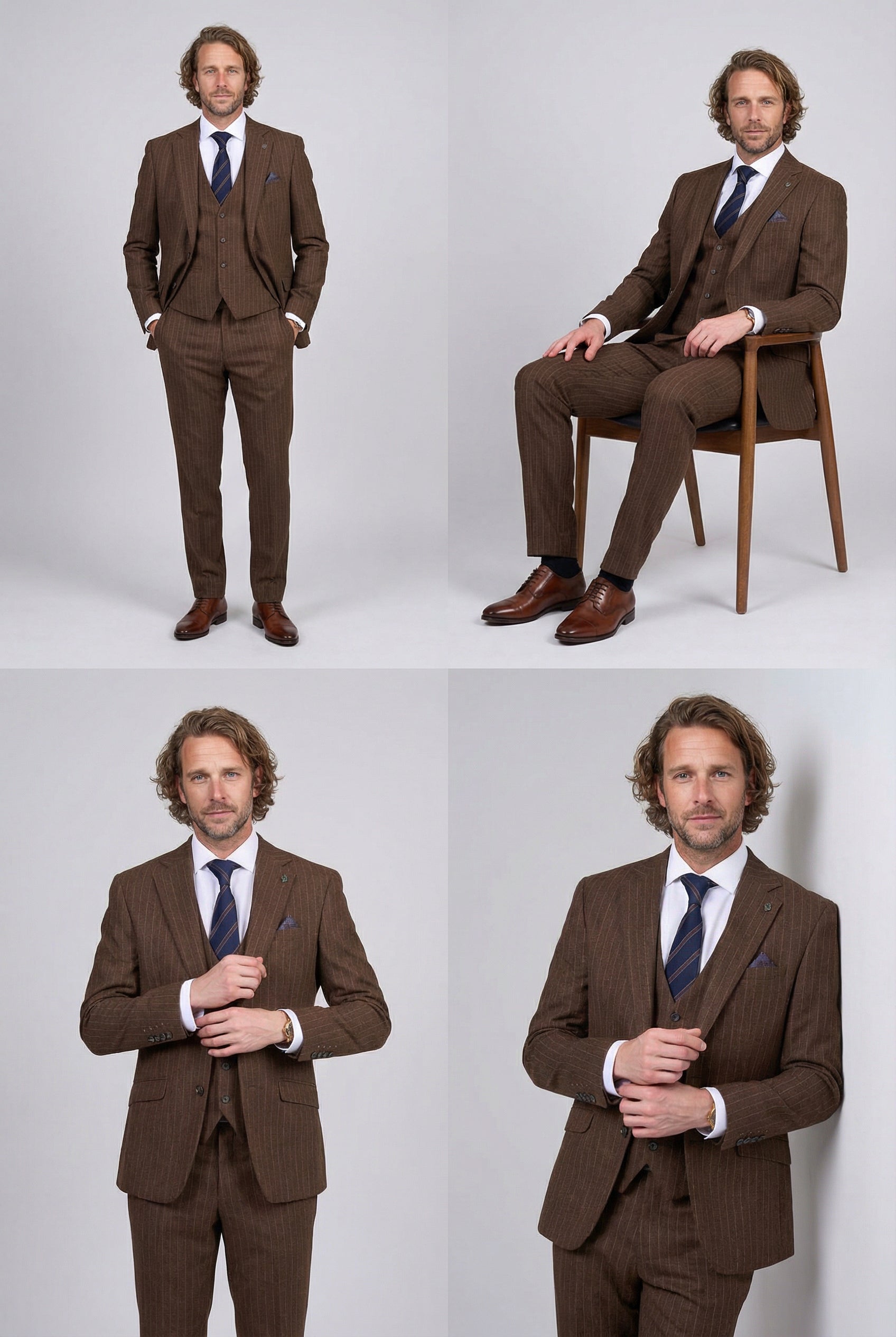 Men’s 3-Piece Wool Blend Pinstripe Formal Suit - Victor - Brown