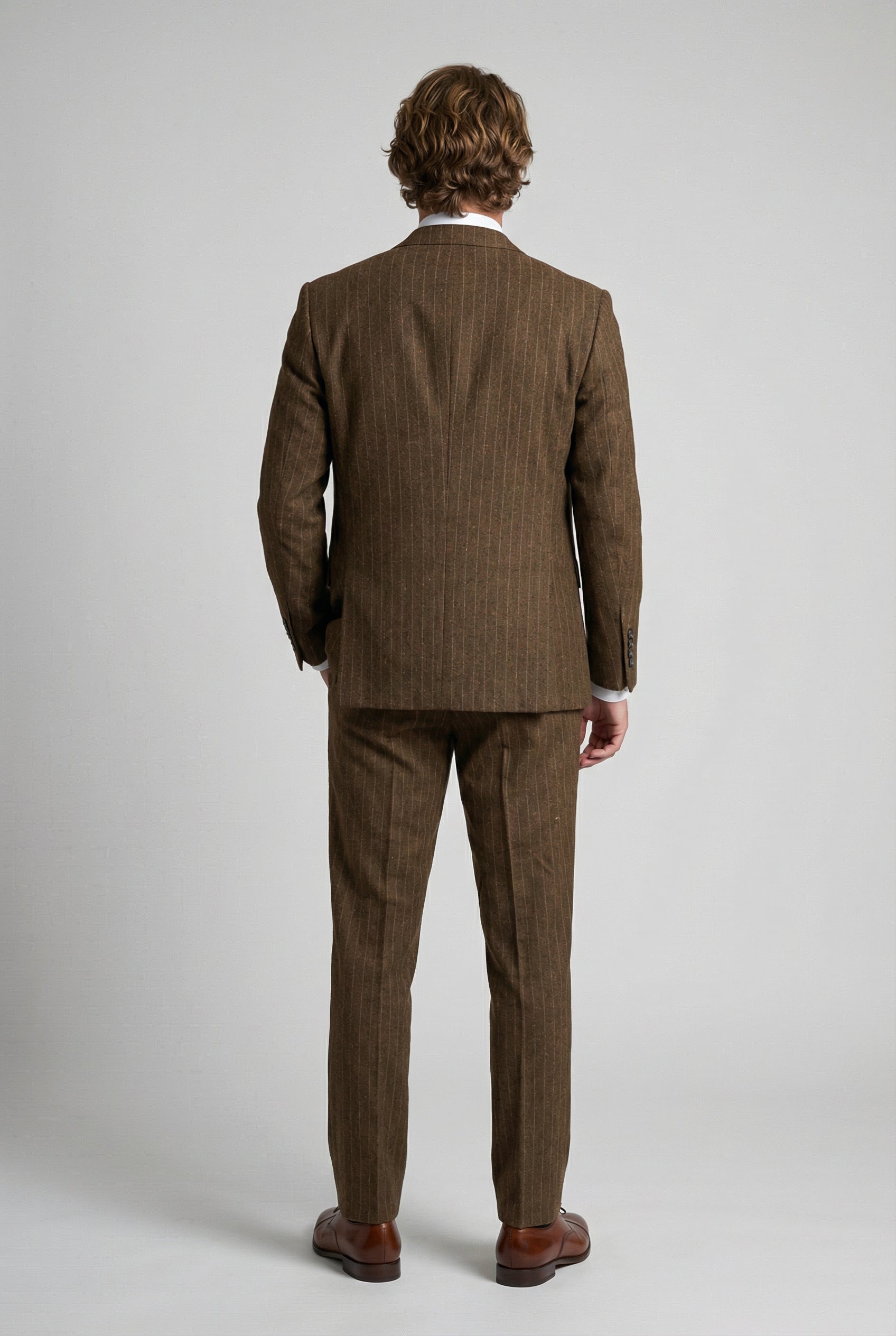 Men’s 3-Piece Wool Blend Pinstripe Formal Suit - Victor - Brown Back Picture