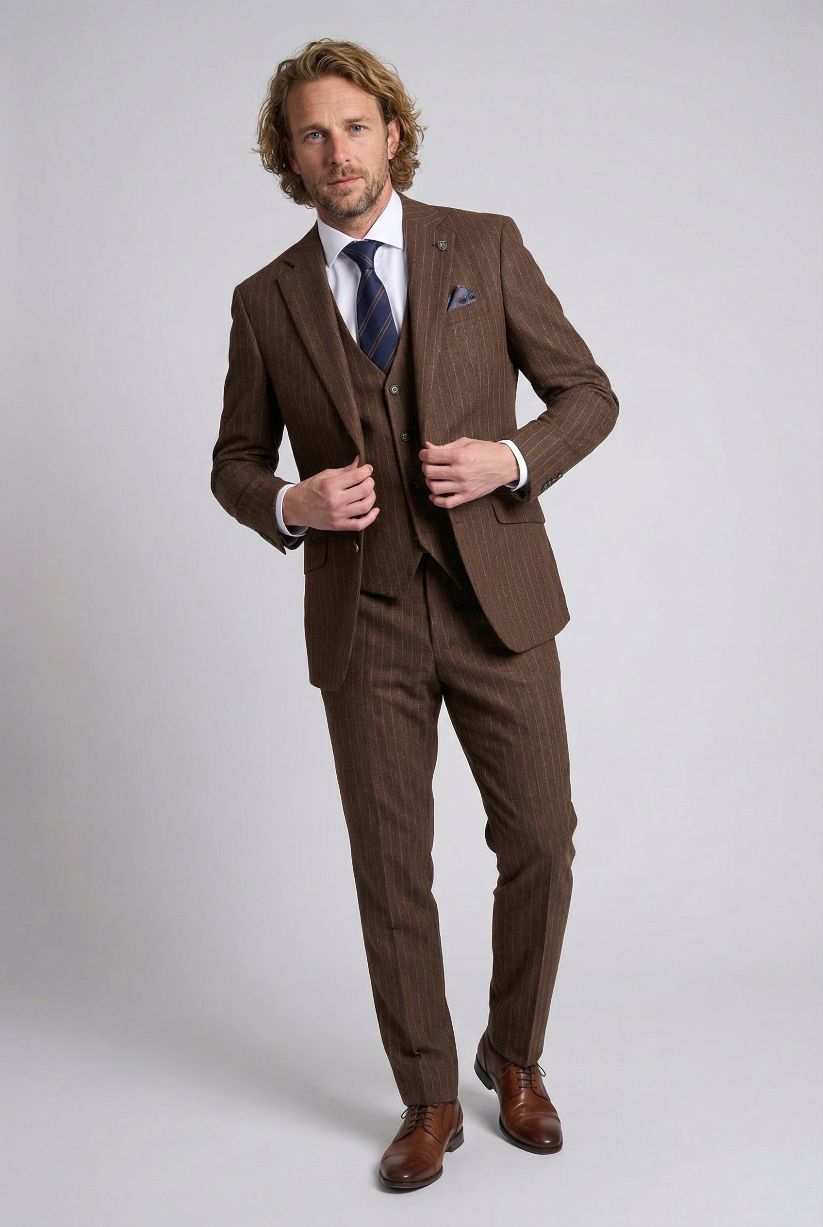 Men’s 3-Piece Wool Blend Pinstripe Formal Suit - Victor - Brown Front Picture