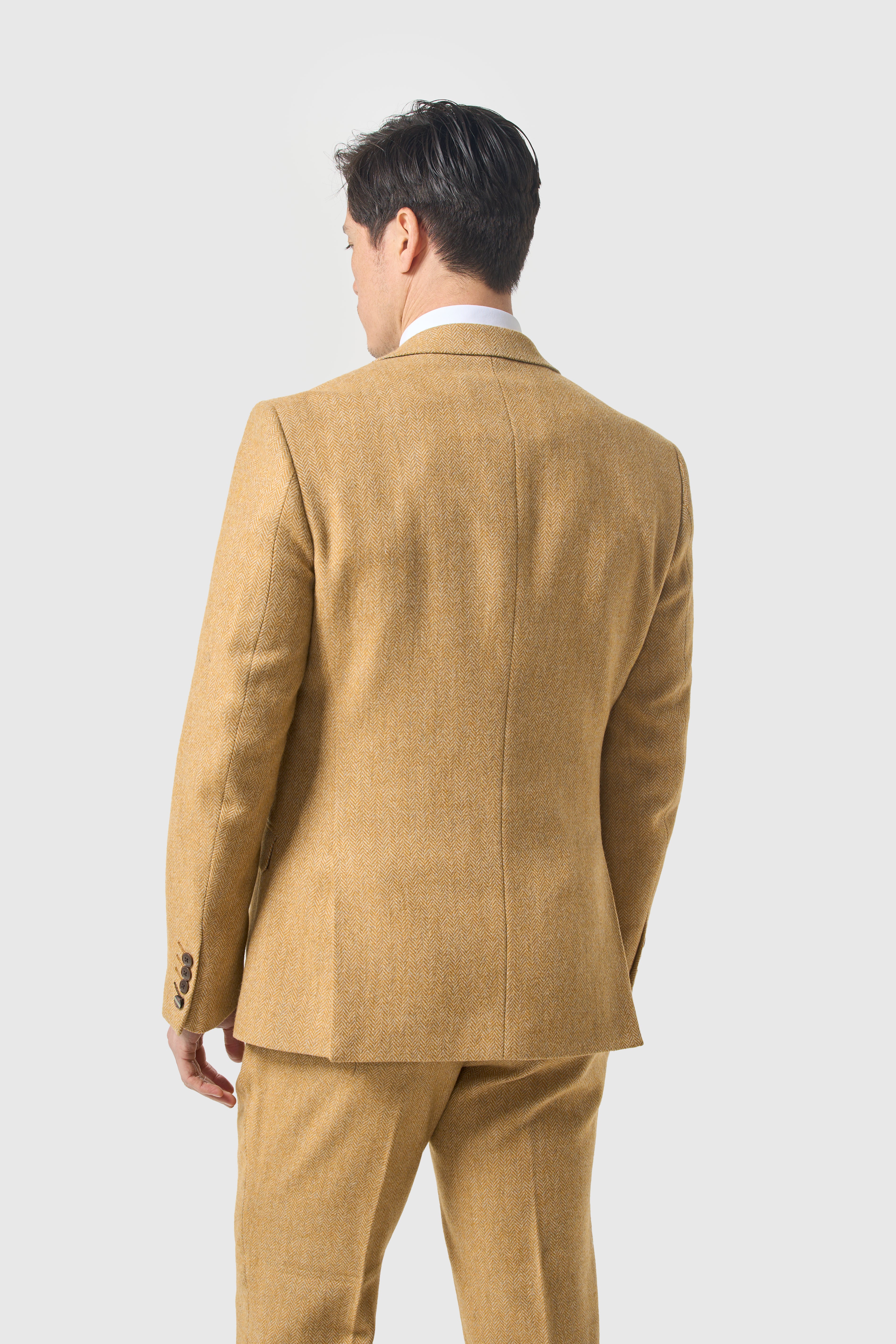 Men’s 3-Piece Wool Herringbone Tweed Suit - Thomas - Amber Model Back Picture