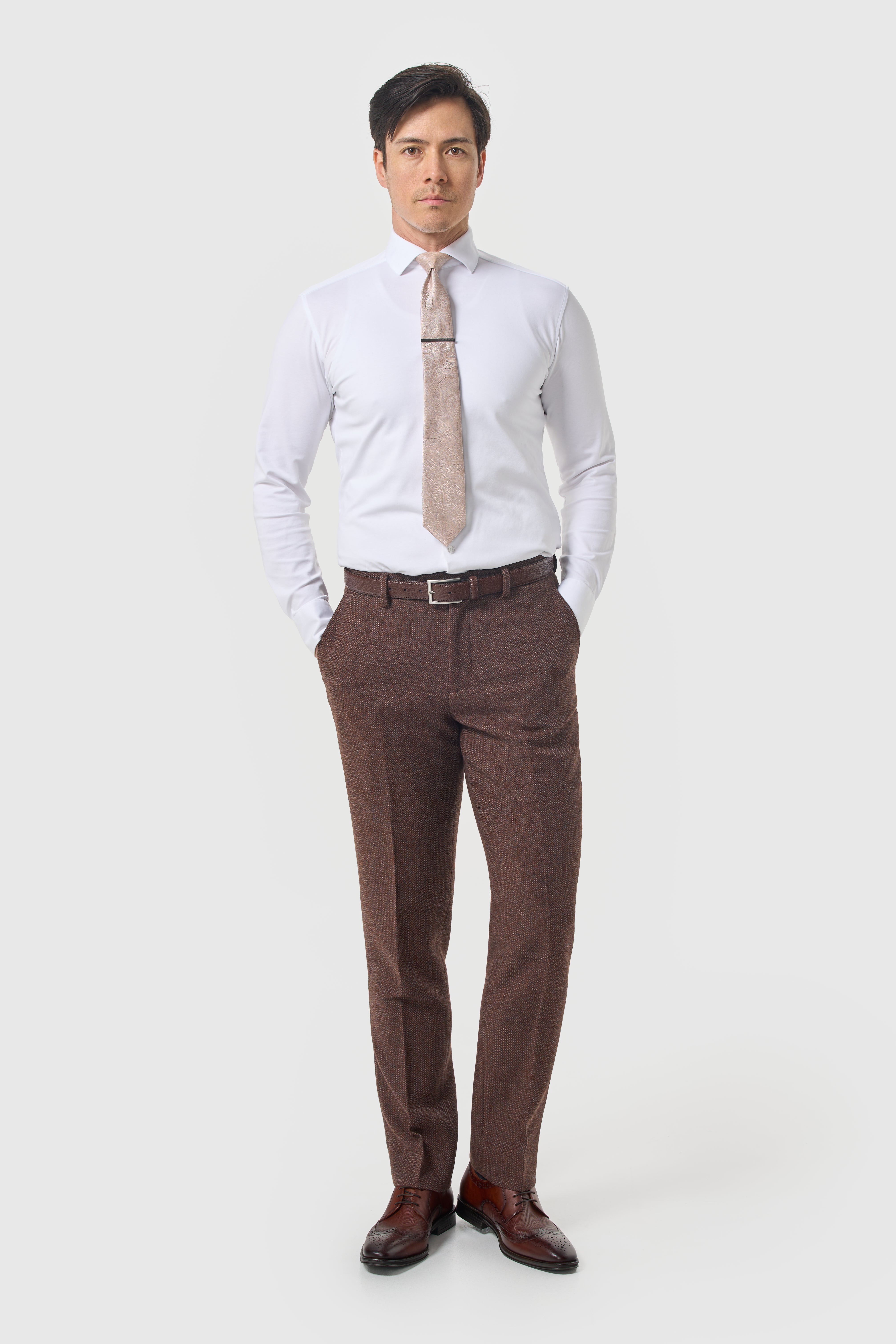 Completo da uomo in tweed di lana spinato a 3 pezzi - Thomas - mogano scuro