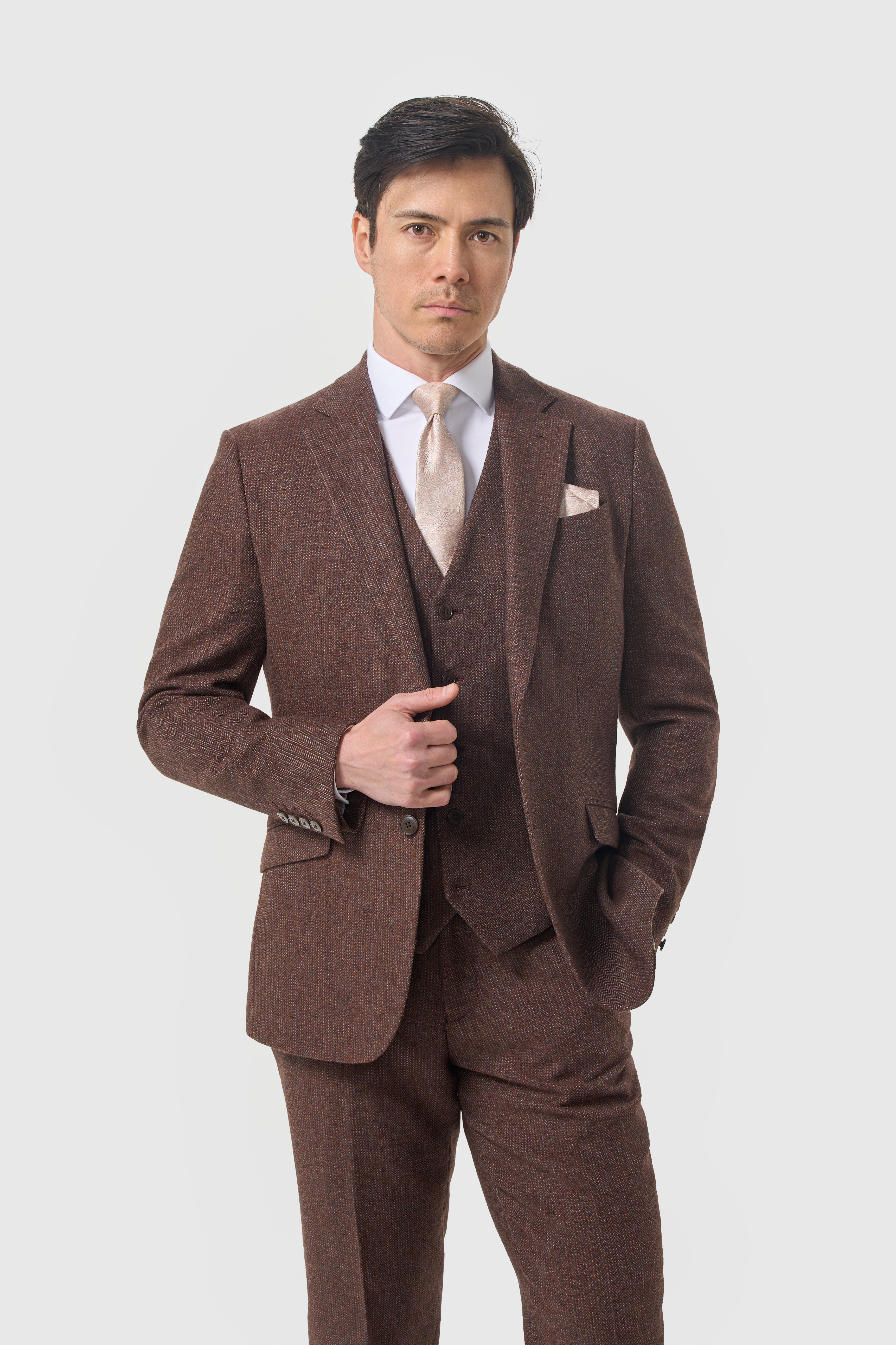 Completo da uomo in tweed di lana spinato a 3 pezzi - Thomas - mogano scuro