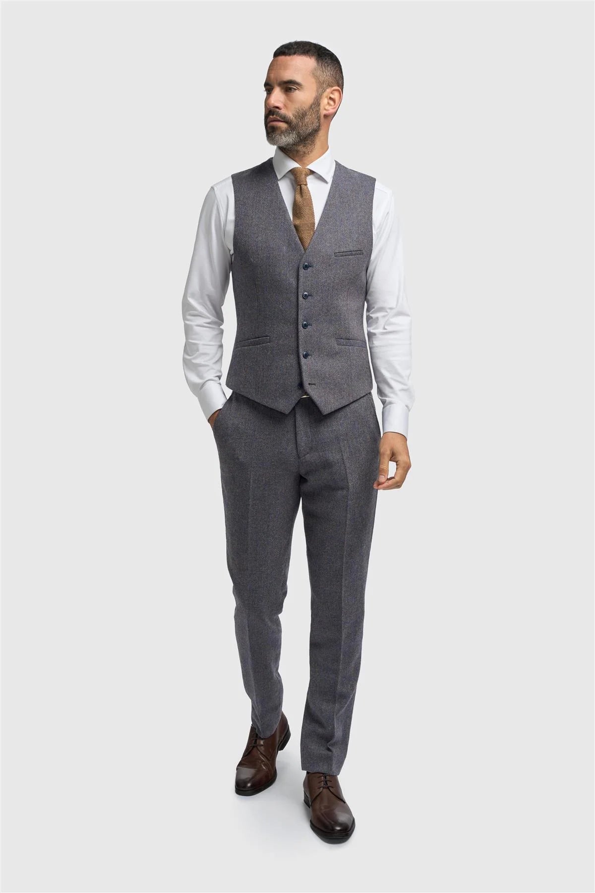 Men’s 3-Piece Wool Herringbone Tweed Suit - Thomas - Savoy Grey Waistcoat Picture