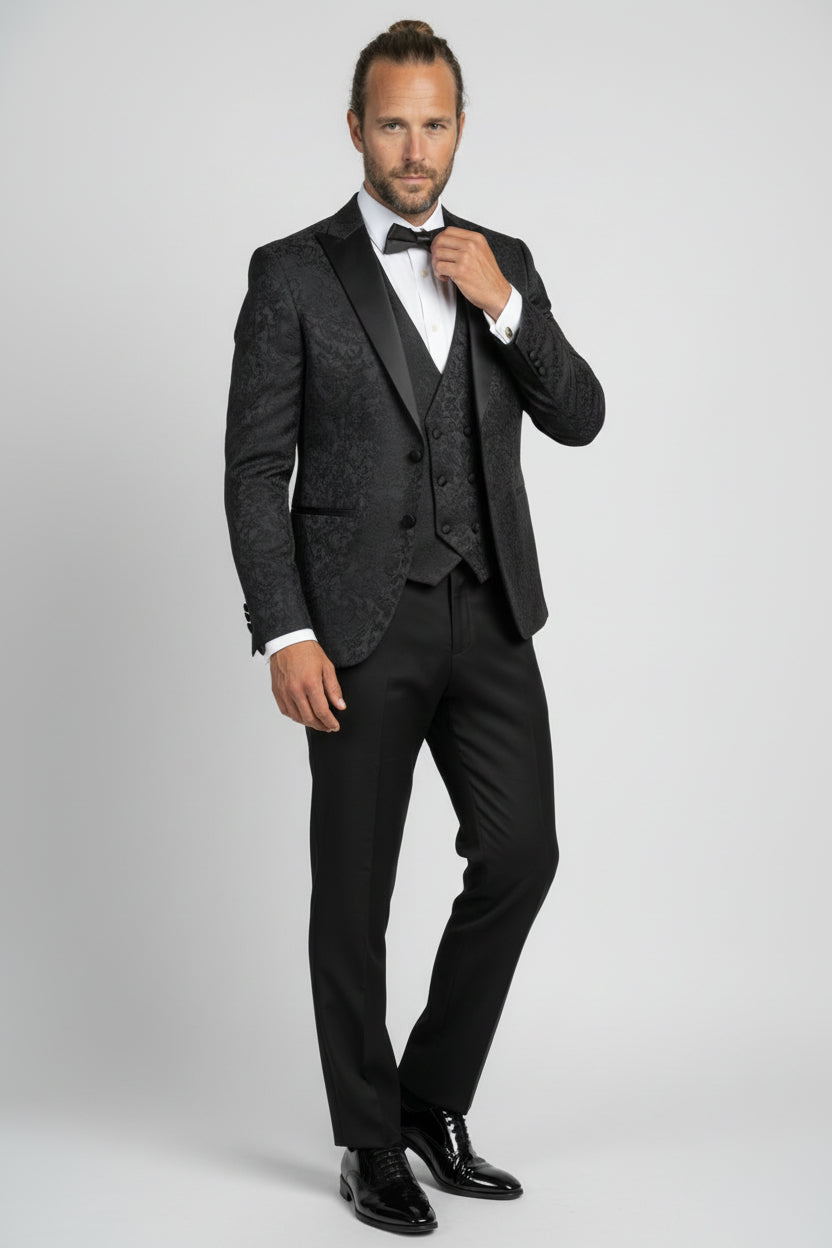 Men’s 4-Piece Cotton Blend Jacquard Tuxedo Suit with Double Breasted Waistcoat - Vincent -Black Model Picture